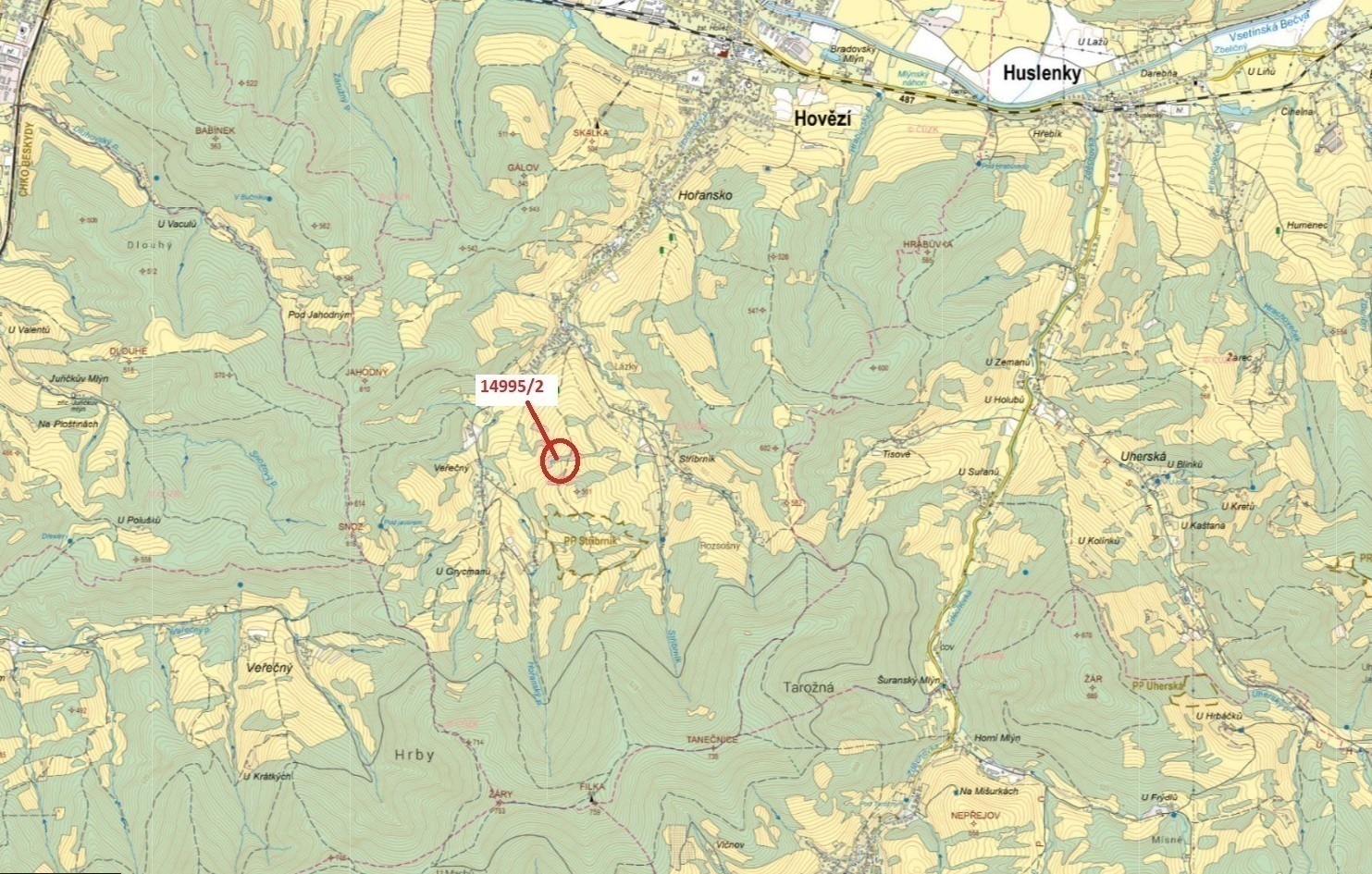 Lesní pozemek o výměře 330 m2, podíl 1/1, katastrální území Hovězí, obec Hovězí, obec s rozšířenou p
