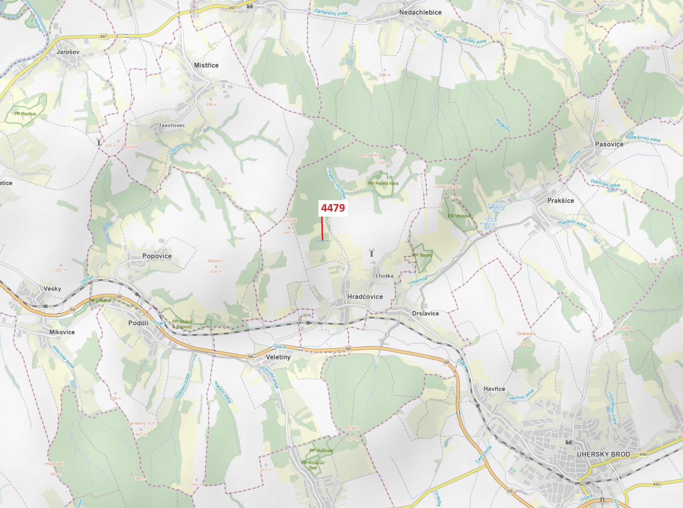 Lesní pozemek o výměře 782 m2, podíl 1/1, katastrální území Hradčovice, obec Hradčovice, obec s rozš