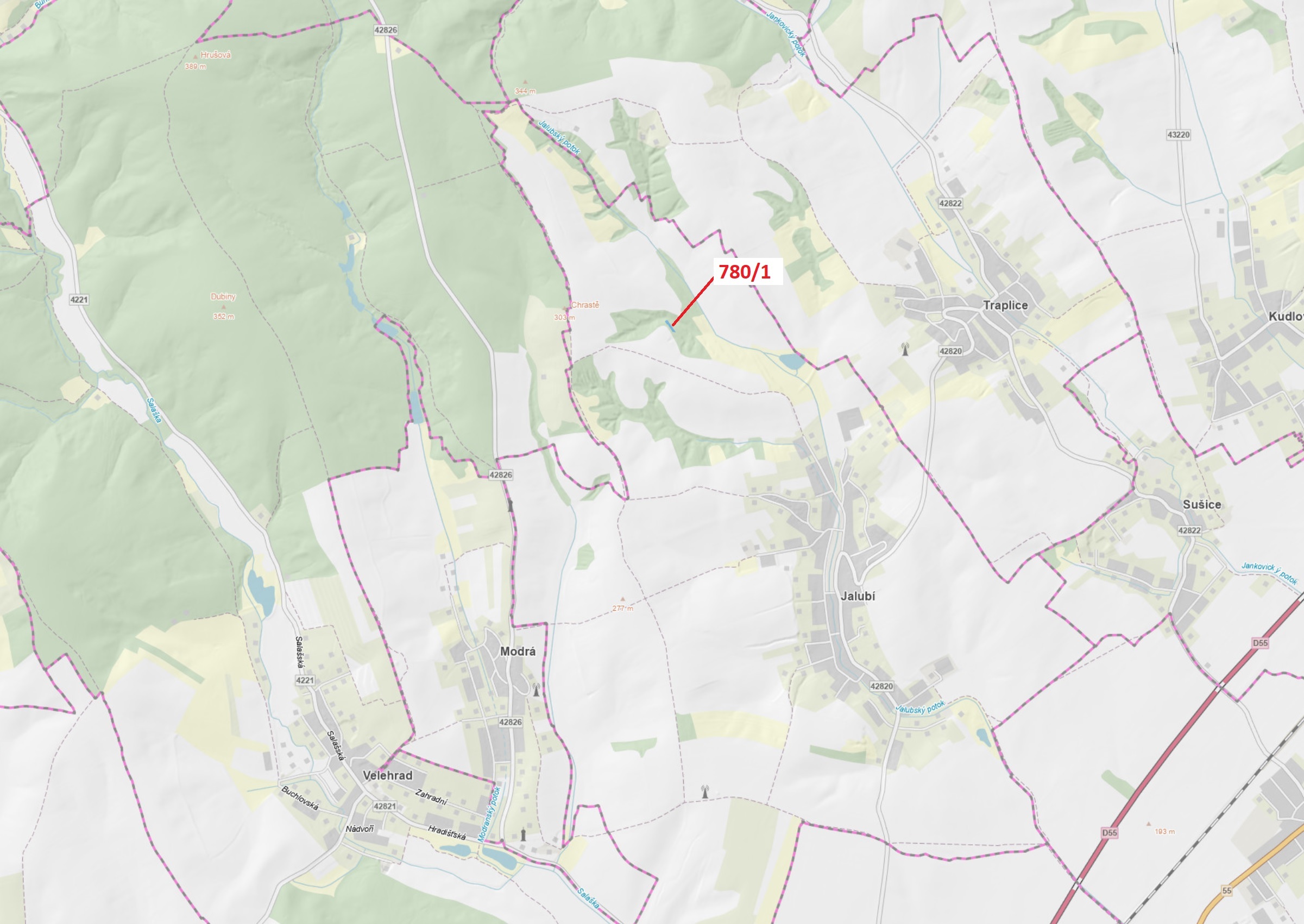Lesní pozemek o výměře 659 m2, podíl 1/1, katastrální území Jalubí, obec Jalubí, obec s rozšířenou p