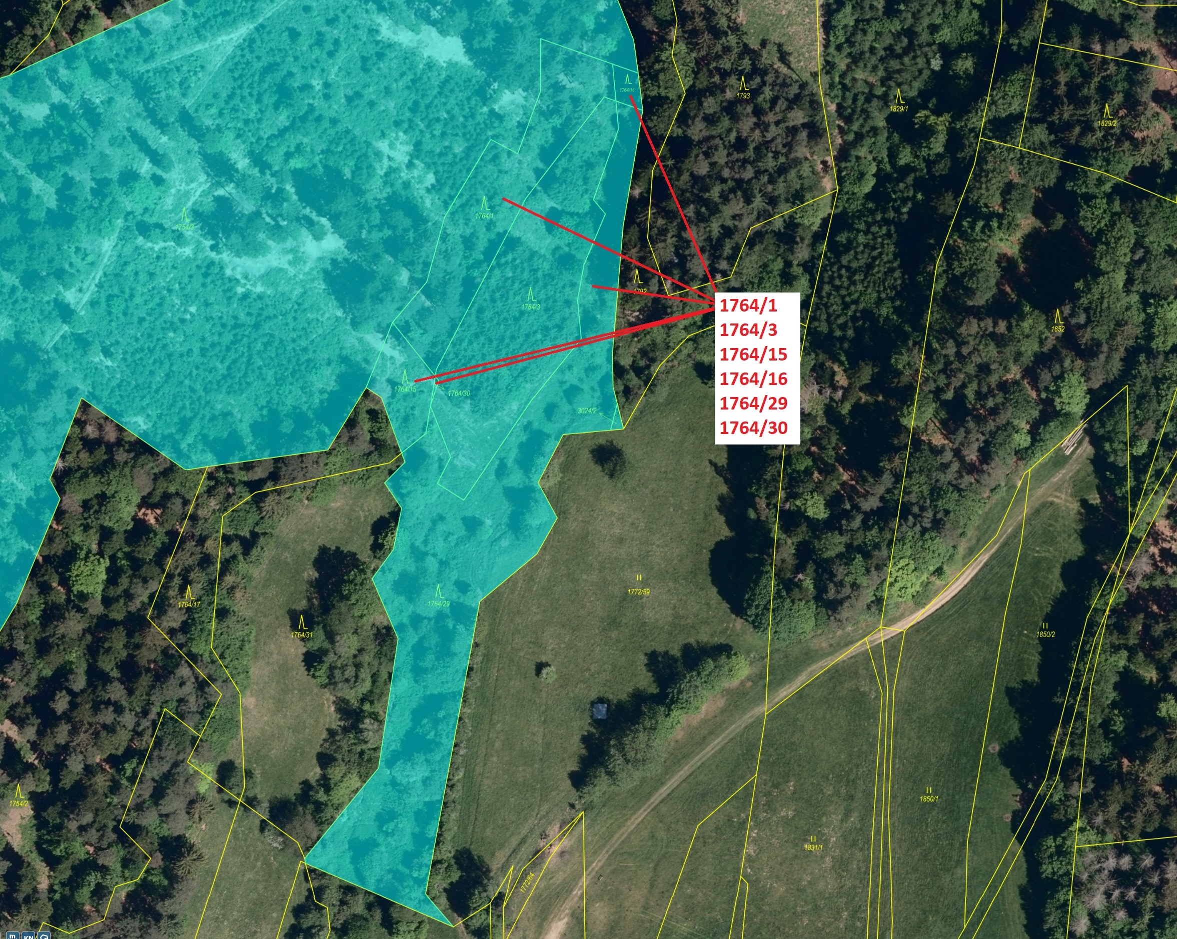 Lesní pozemky o výměře 10 498 m2, podíl 1/1, katastrální území Trnava u Zlína, obec Trnava, obec s r