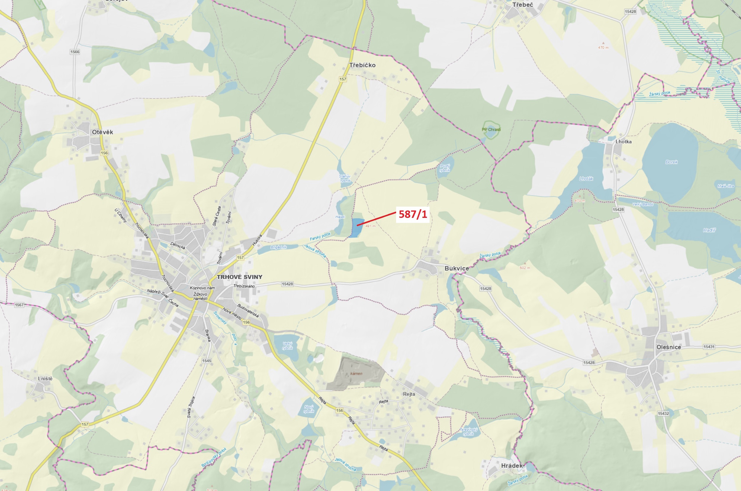 Lesní pozemek o výměře 20 443 m2, podíl 1/1, katastrální území Bukvice u Trhových Svinů, obec Trhové