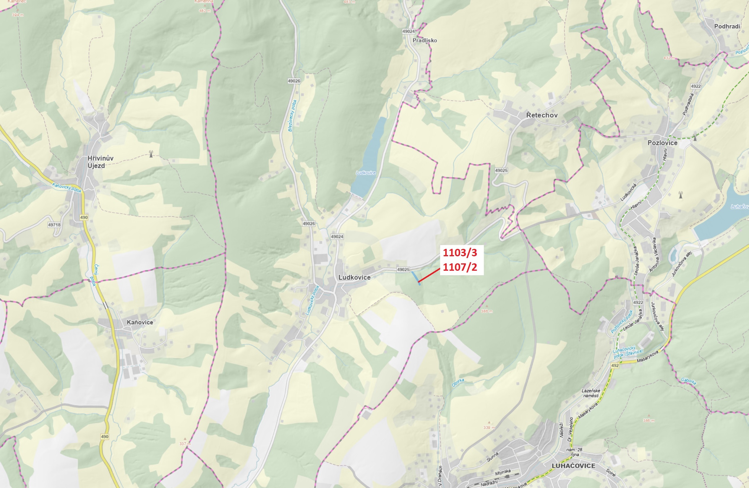 Lesní pozemky o výměře 3392 m2, podíl 1/1, katastrální území Ludkovice, obec Ludkovice, obec s rozší