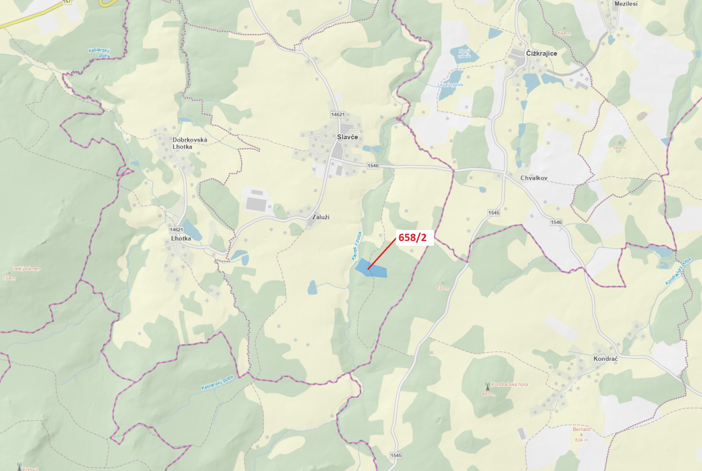 Lesní pozemek o výměře 26 622 m2, podíl 1/1, katastrální území Slavče u Trhových Svinů, obec Slavče,