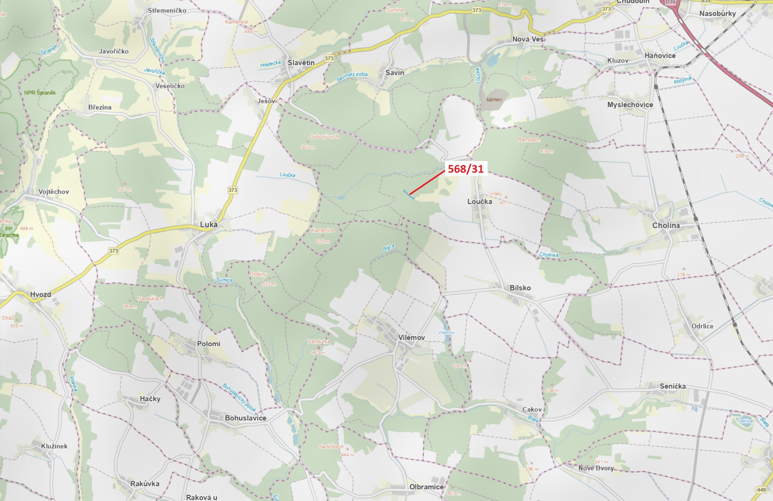Lesní pozemek o výměře 3557 m2, podíl 1/1, katastrální území Loučka u Bílska, obec Loučka, obec s ro