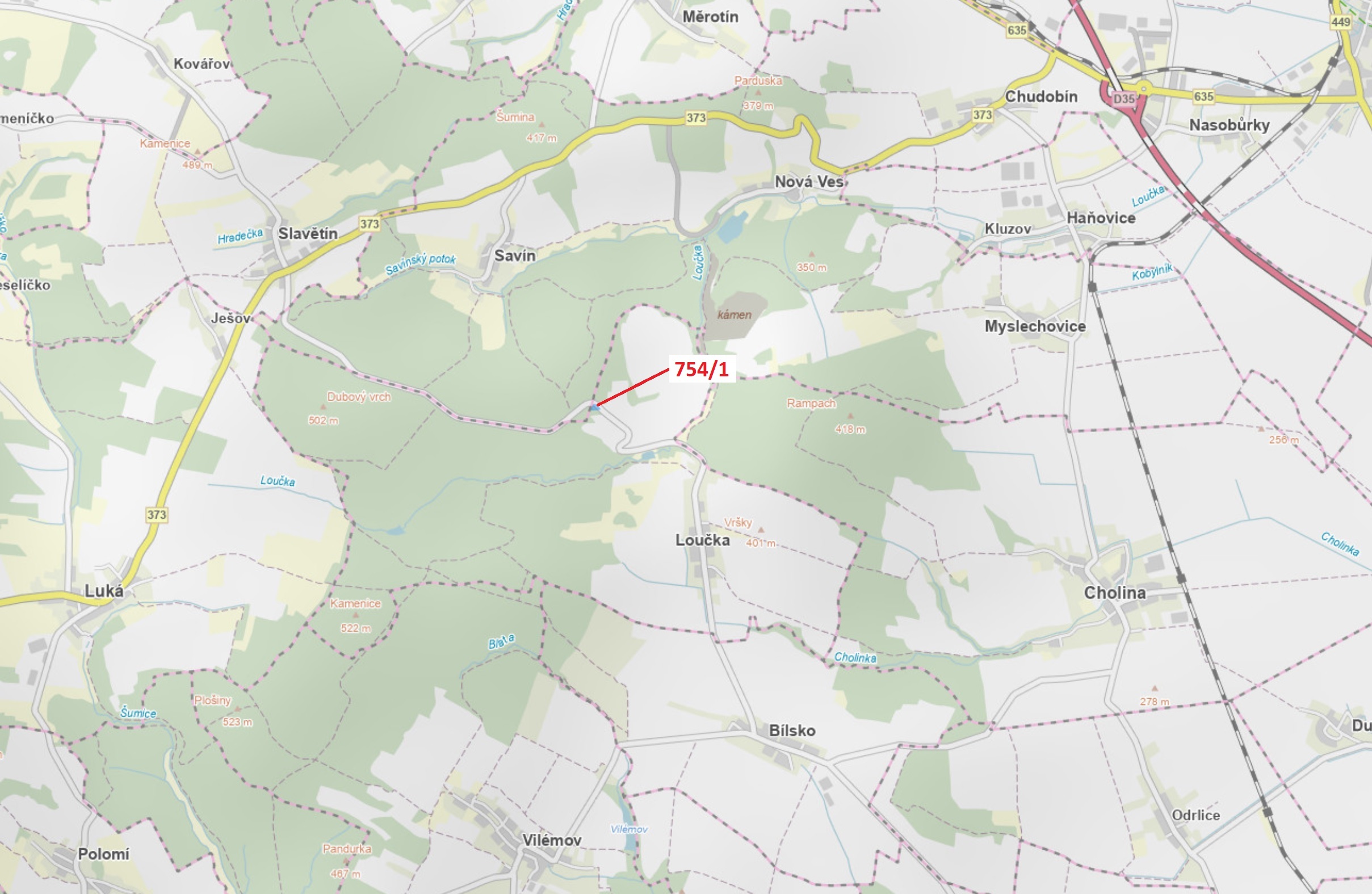 Lesní pozemek o výměře 1610 m2, podíl 1/1, katastrální území Loučka u Bílska, obec Loučka, obec s ro