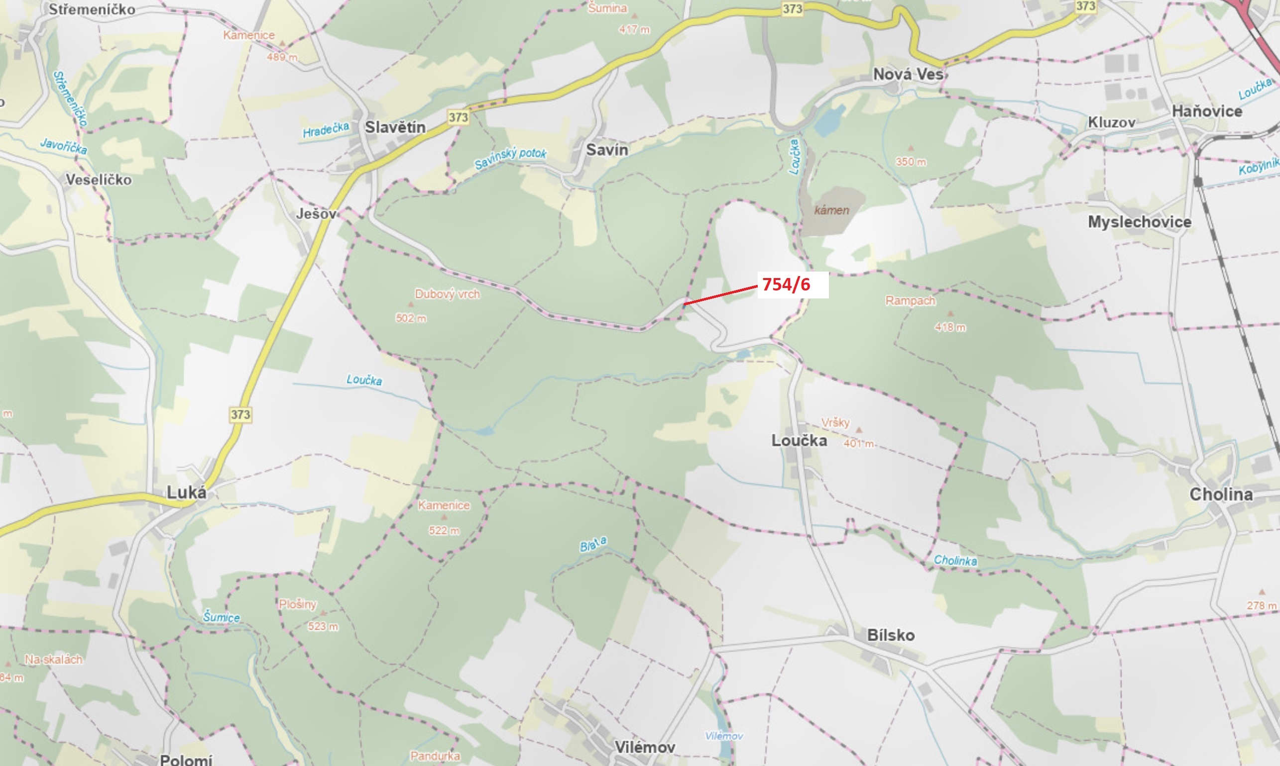 Lesní pozemek o výměře 294 m2, podíl 1/1, katastrální území Loučka u Bílska, obec Loučka, obec s roz