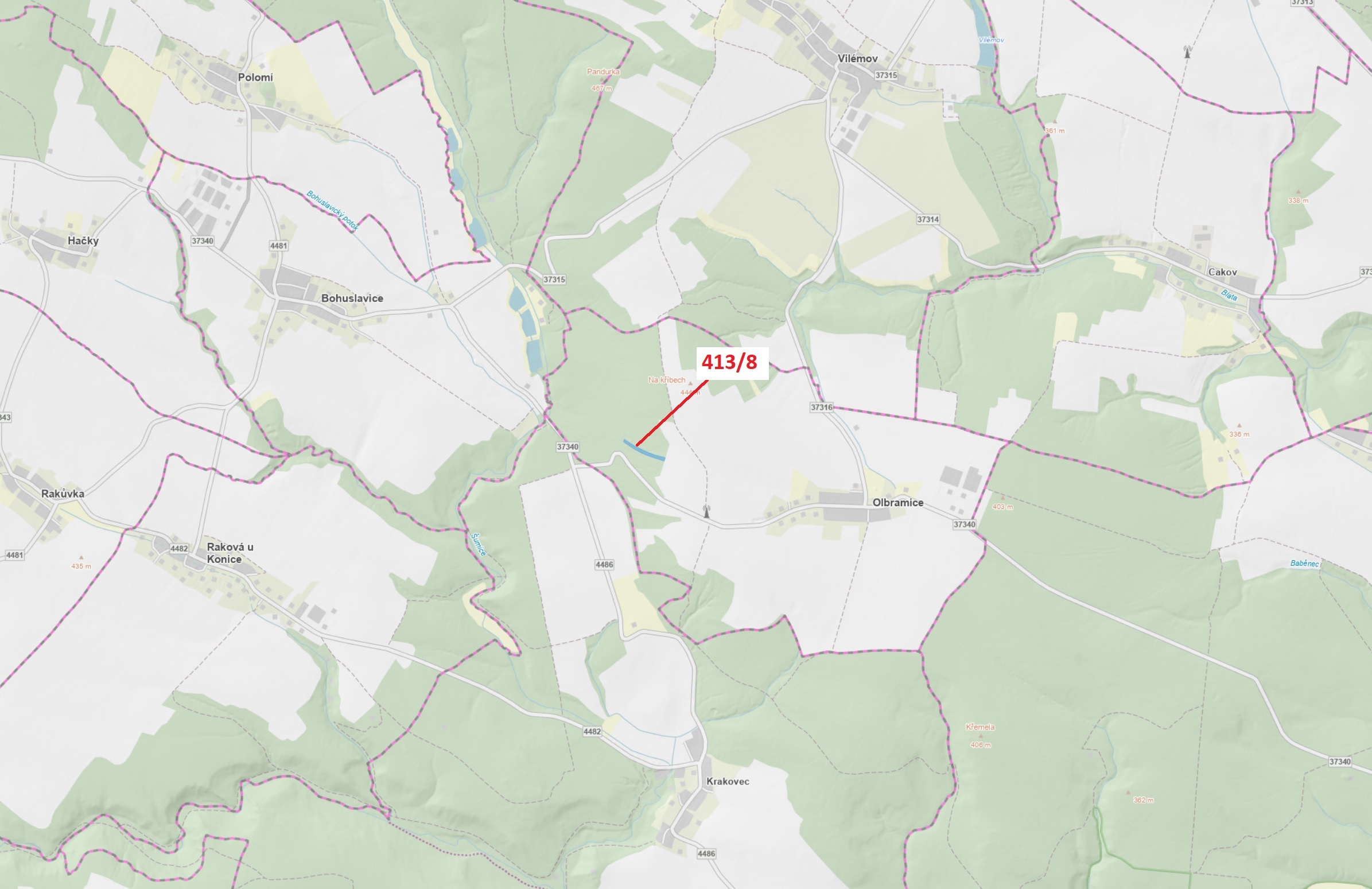 Lesní pozemek o výměře 4139 m2, podíl 1/1, katastrální území Olbramice u Vilémova, obec Olbramice, o