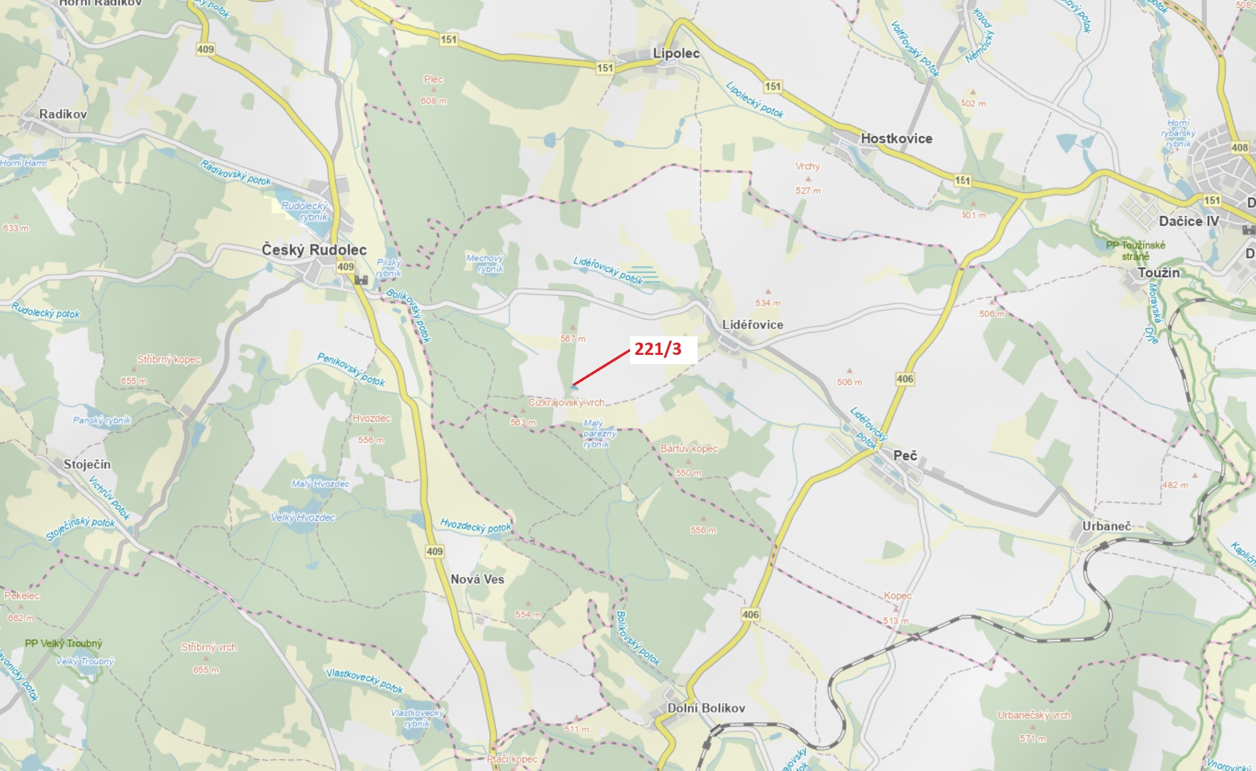 Lesní pozemek o výměře 1109 m2, podíl 1/1, katastrální území Lidéřovice, obec Peč, obec s rozšířenou