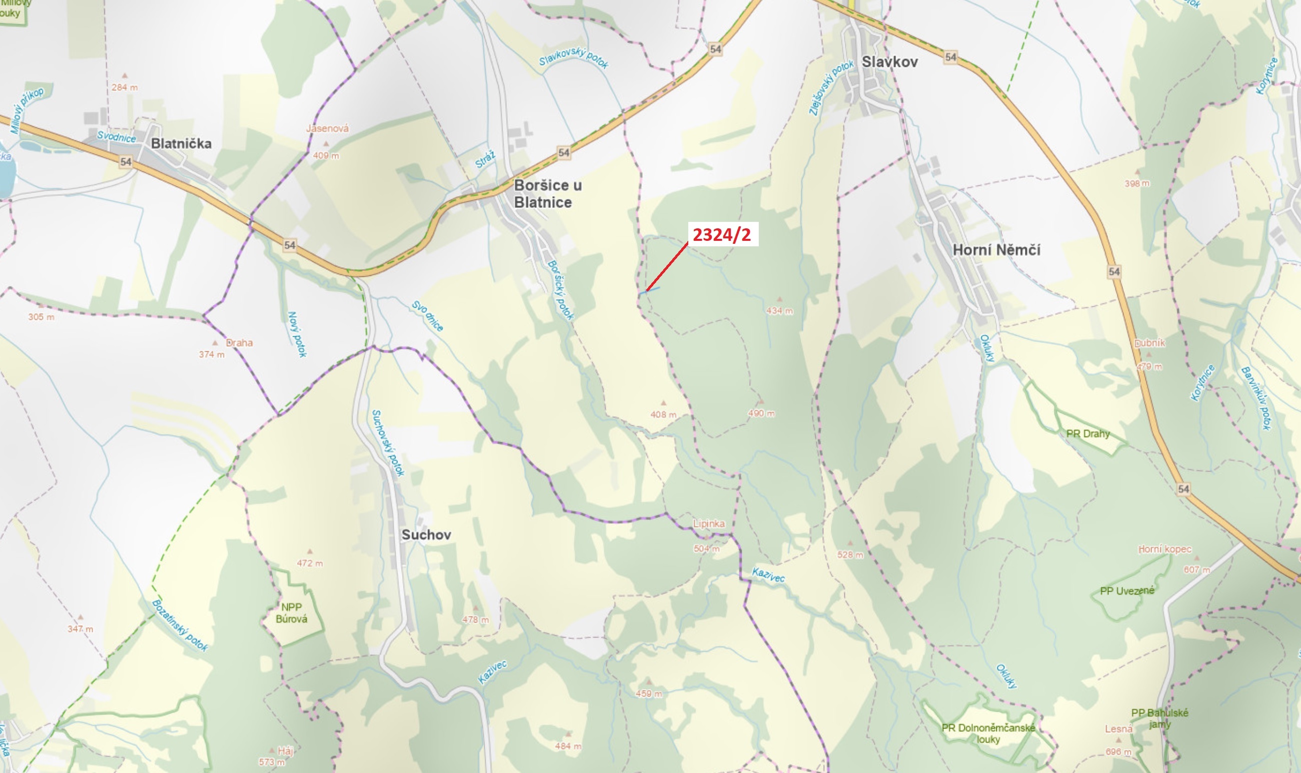 Lesní pozemek o výměře 1060 m2, podíl 1/1, katastrální území Slavkov u Uherského Brodu, obec Slavkov