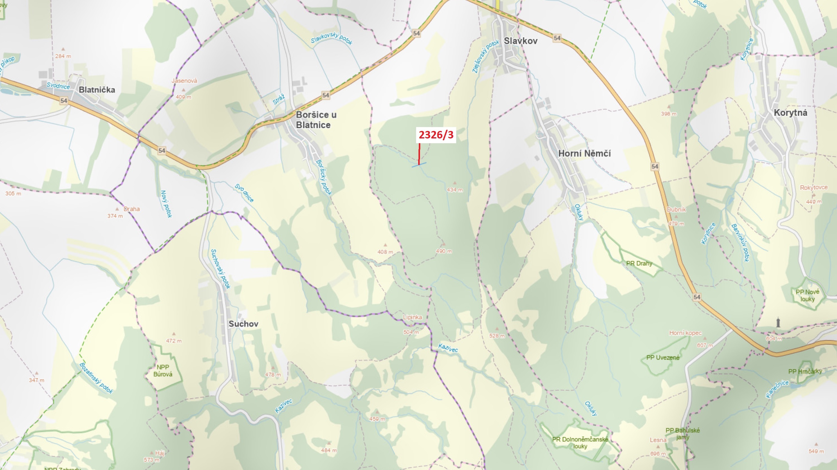 Lesní pozemek o výměře 1084 m2, podíl 1/1, katastrální území Slavkov u Uherského Brodu, obec Slavkov