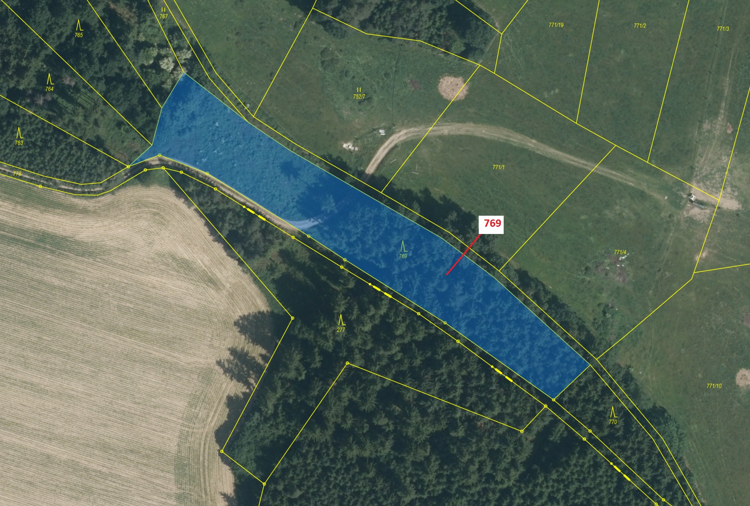 Lesní pozemek o výměře 4745 m2, podíl 1/1, katastrální území Bořkovice, obec Zvěstov, obec s rozšíře