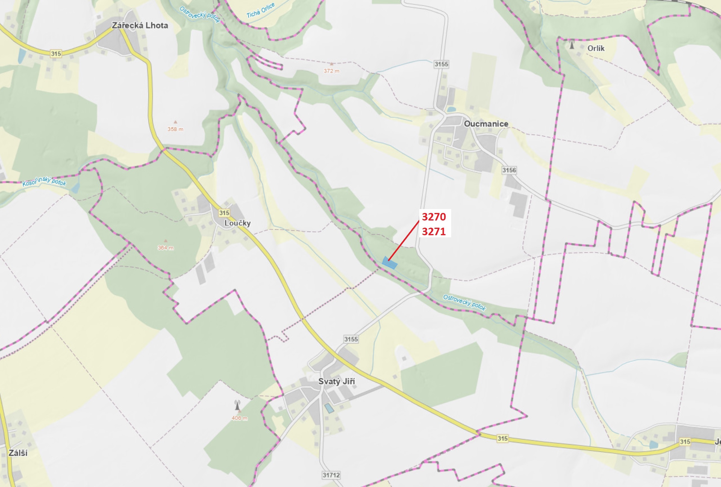 Lesní pozemek a vodní plocha o výměře 5003 m2, podíl 1/1, katastrální území Oucmanice, obec Oucmanic