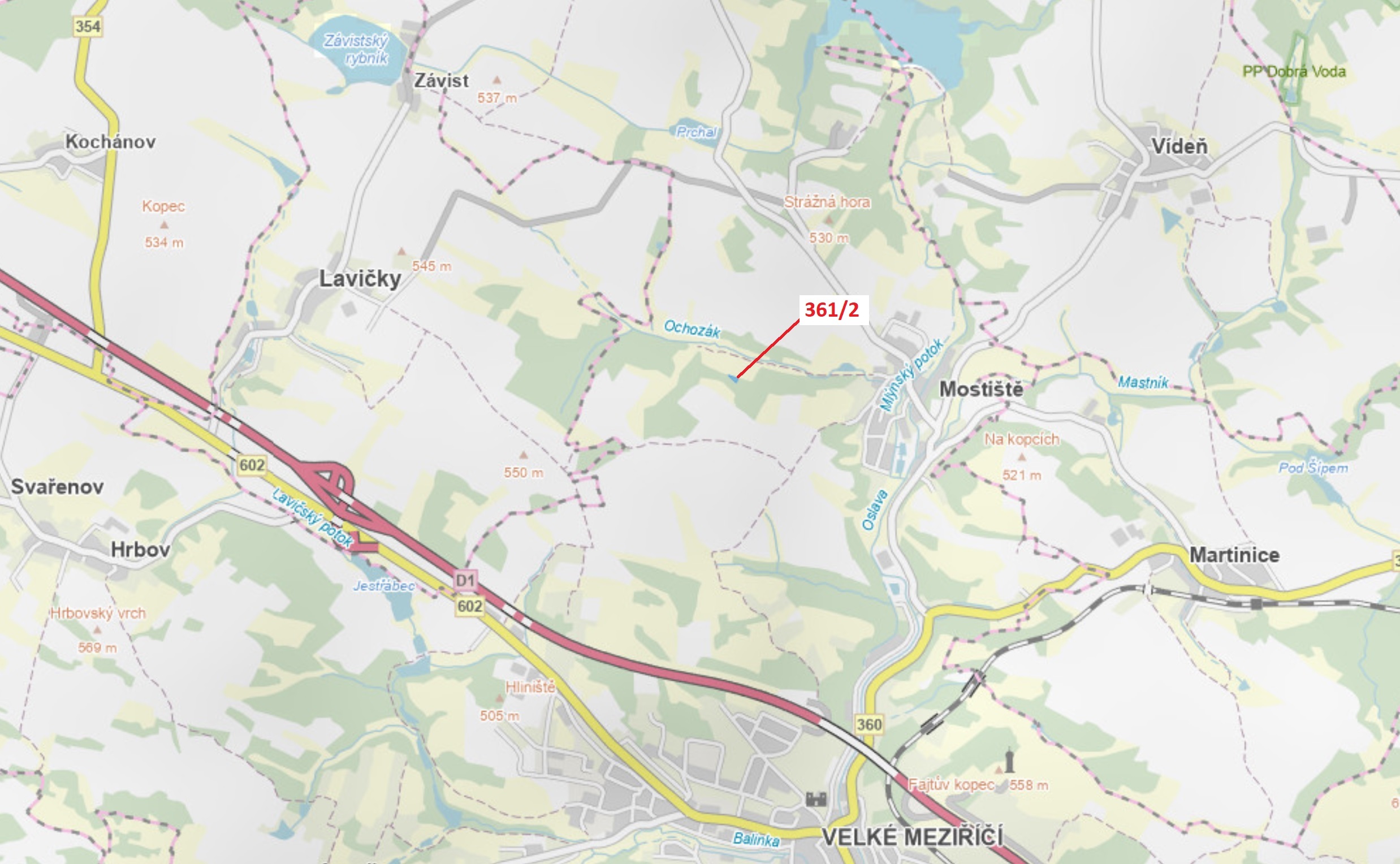 Lesní pozemek o výměře 927 m2, podíl 1/1, katastrální území Mostiště u Velkého Meziříčí, obec Velké 