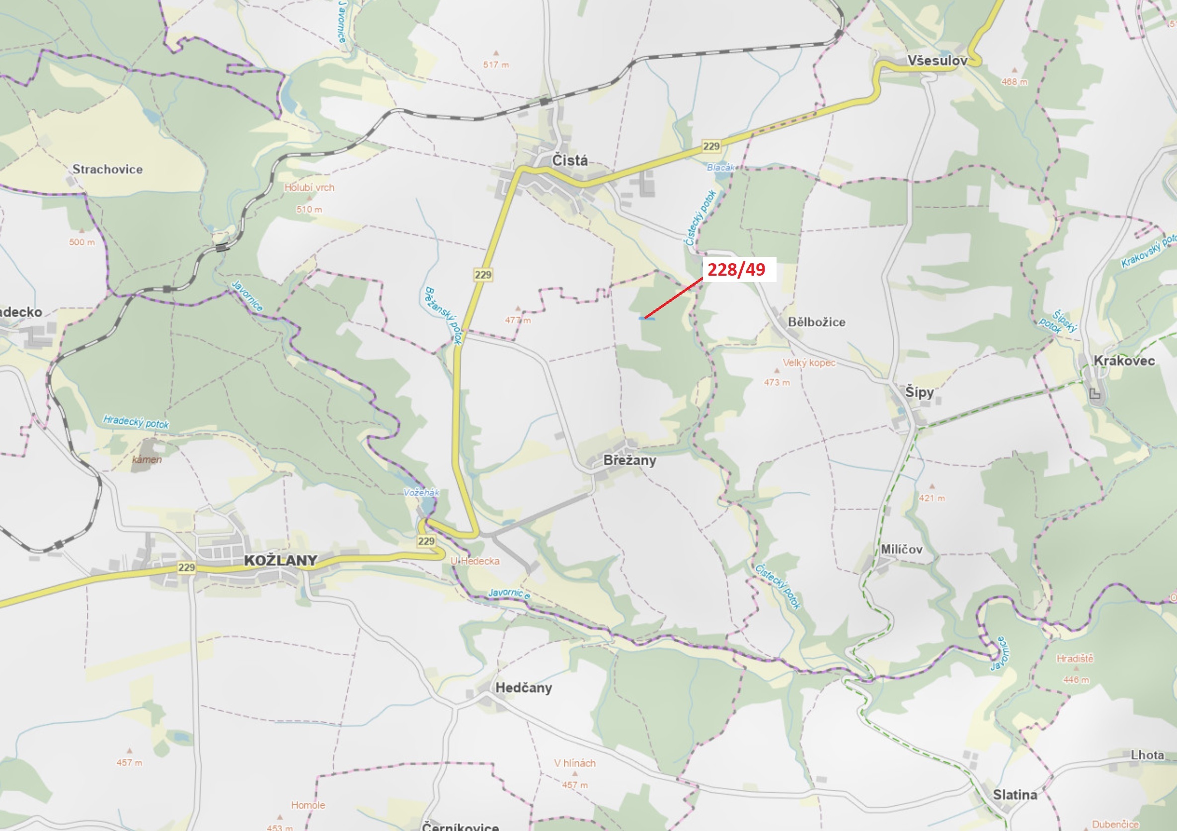 Lesní pozemek o výměře 2071 m2, podíl 1/1, katastrální území Břežany u Rakovníka, obec Břežany, obec