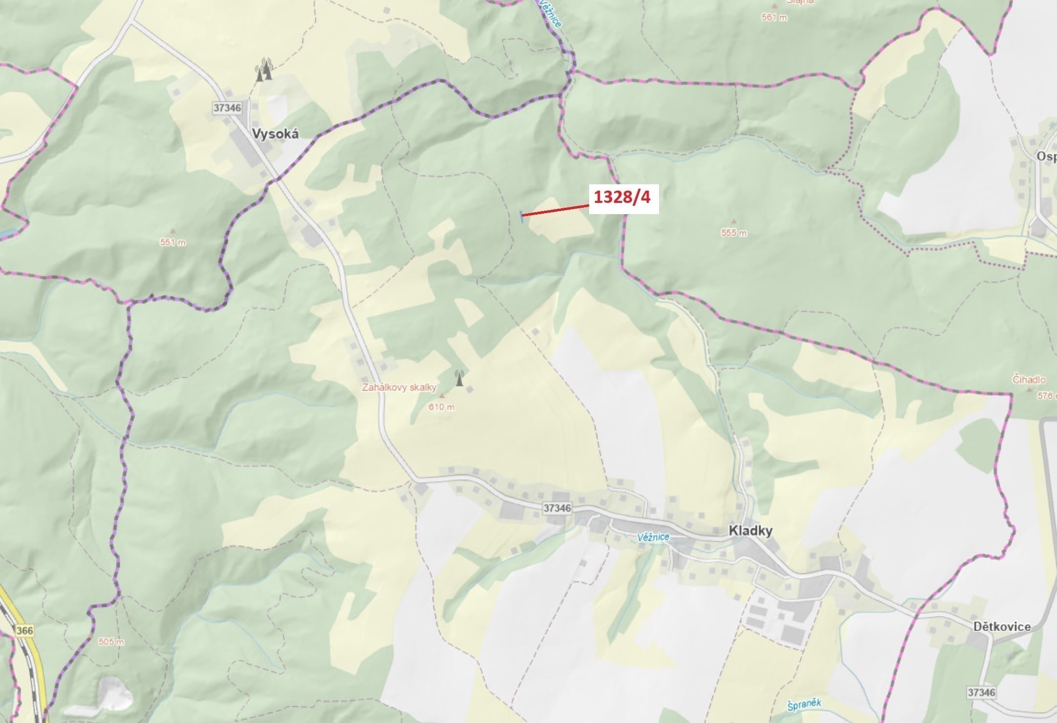 Lesní pozemek o výměře 199 m2, podíl 1/1, katastrální území Kladky, obec Kladky, obec s rozšířenou p