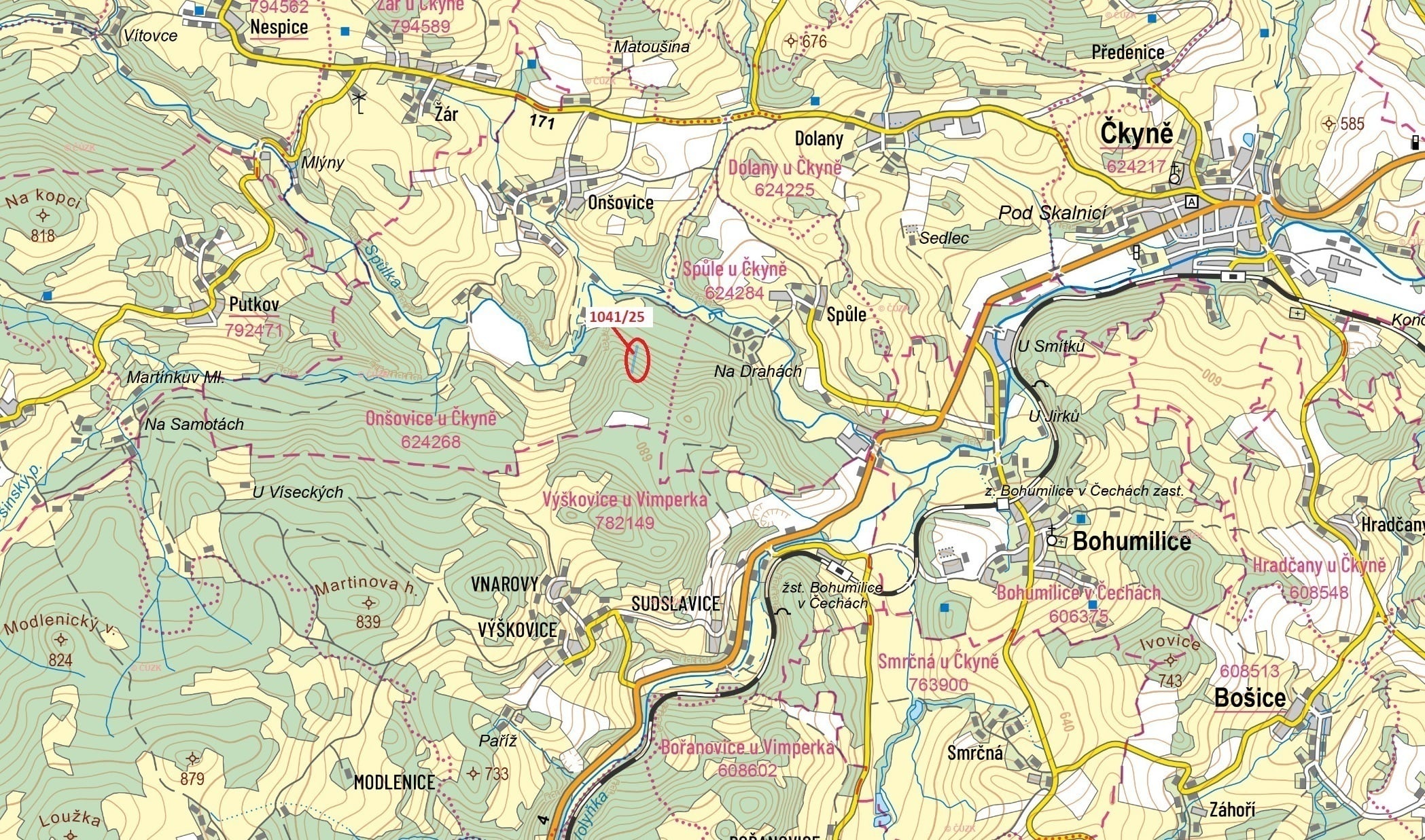 Lesní pozemek o výměře 2082 m2, podíl 1/1, katastrální území Onšovice u Čkyně, obec Čkyně, obec s ro