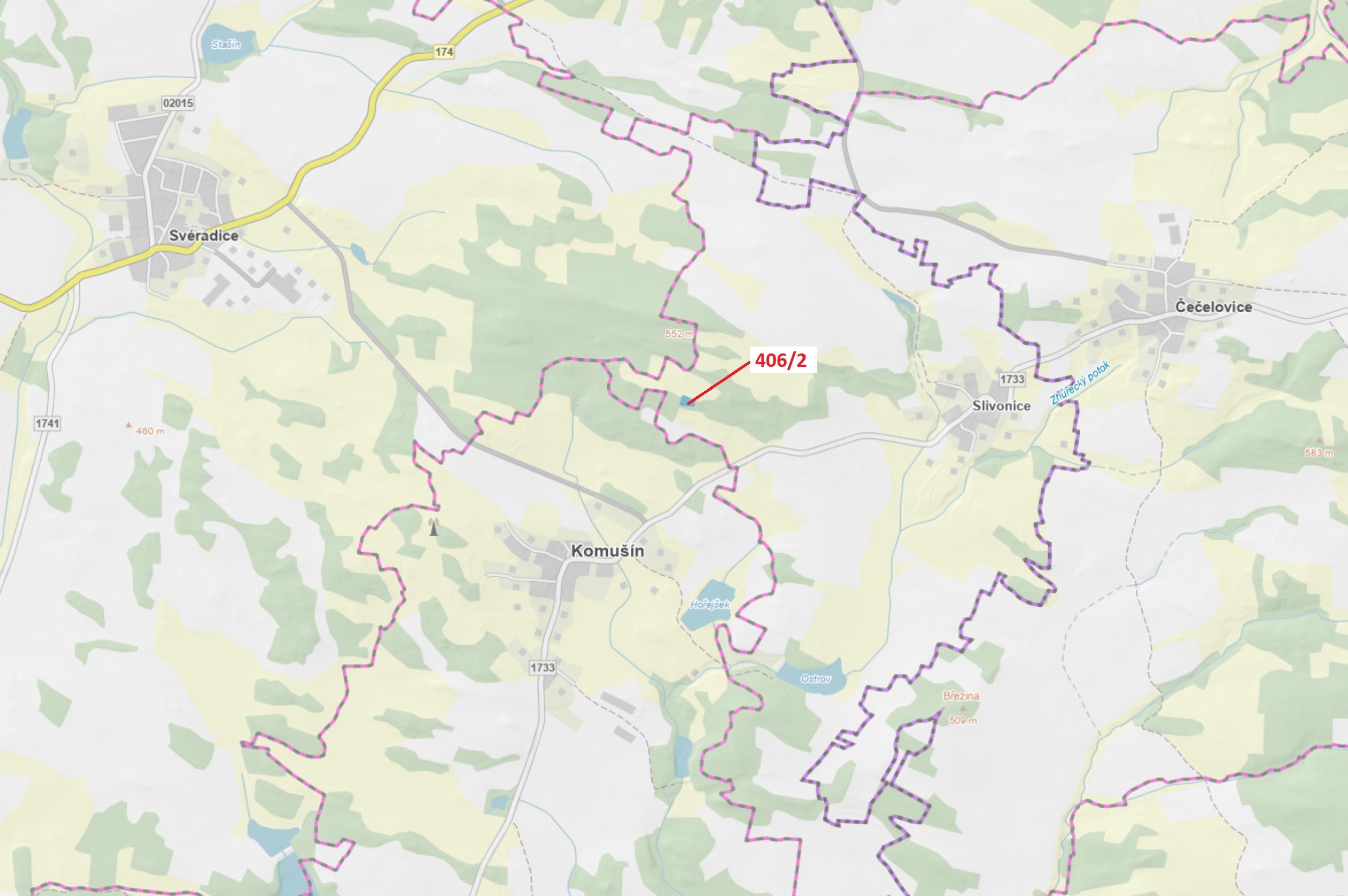 Lesní pozemek o výměře 1583 m2, podíl 1/1, katastrální území Slivonice, obec Velký Bor, obec s rozší