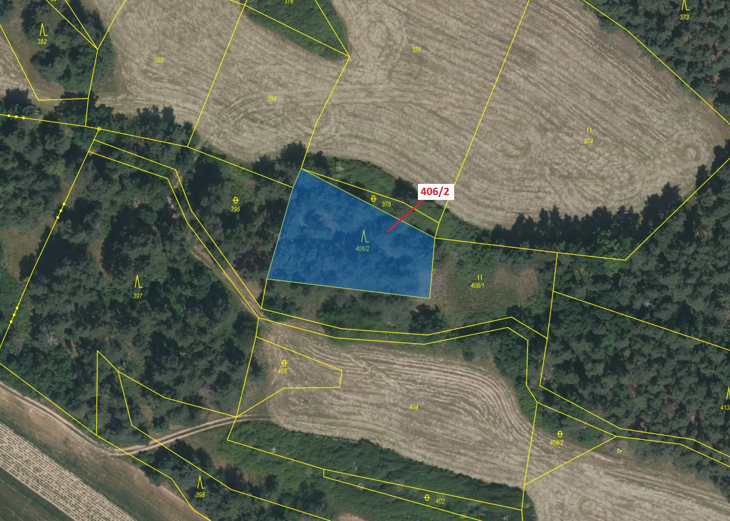 Lesní pozemek o výměře 1583 m2, podíl 1/1, katastrální území Slivonice, obec Velký Bor, obec s rozší