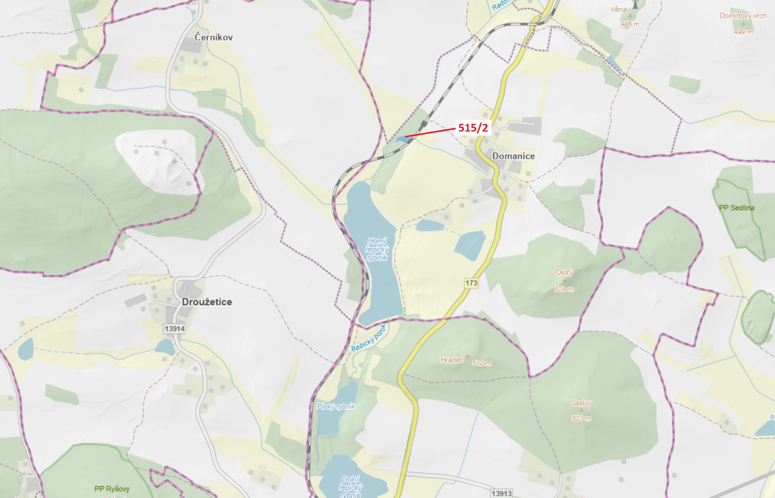 Lesní pozemek o výměře 1734 m2, podíl 1/1, katastrální území Domanice, obec Radomyšl, obec s rozšíře