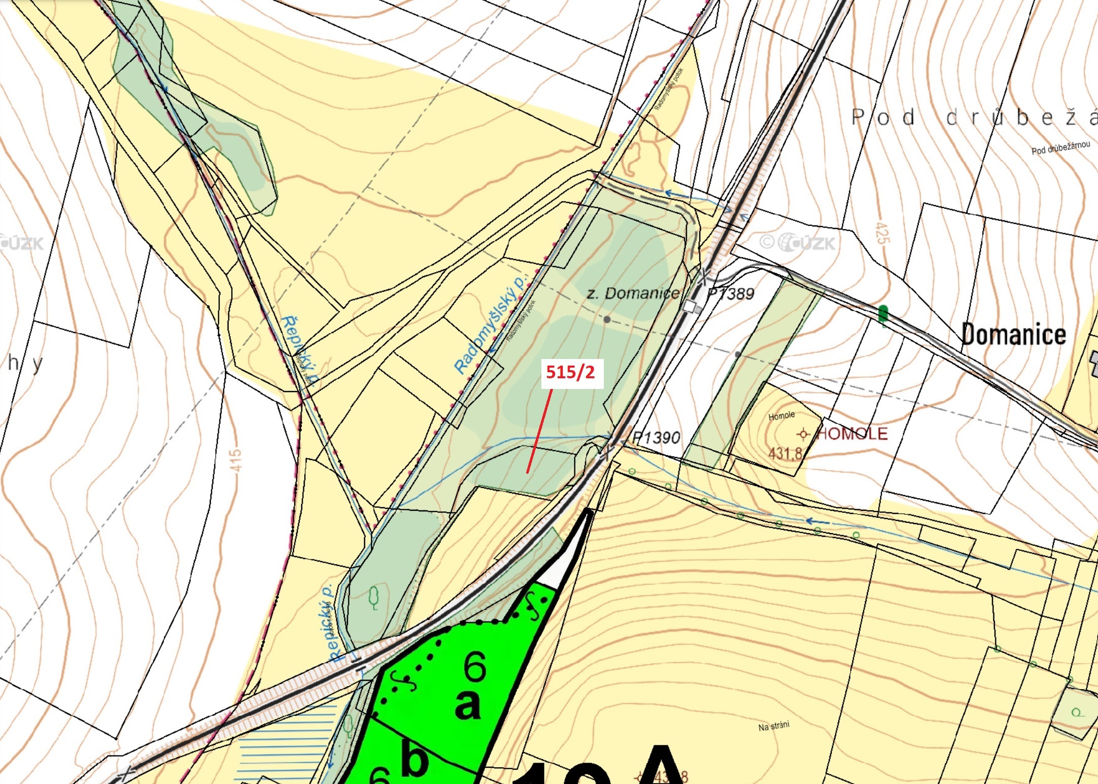 Lesní pozemek o výměře 1734 m2, podíl 1/1, katastrální území Domanice, obec Radomyšl, obec s rozšíře