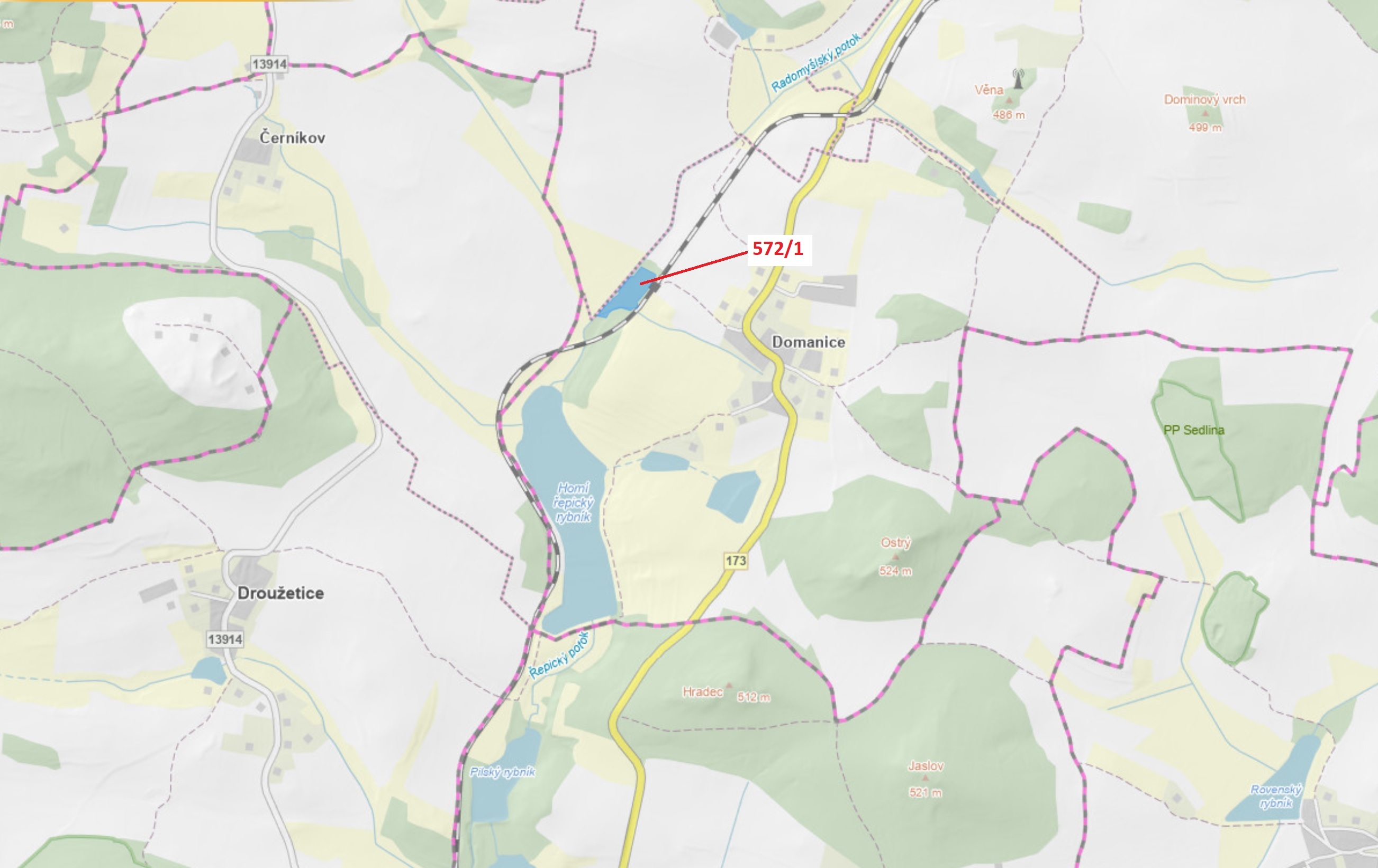 Lesní pozemek o výměře 13 245 m2, podíl 1/1, katastrální území Domanice, obec Radomyšl, obec s rozší