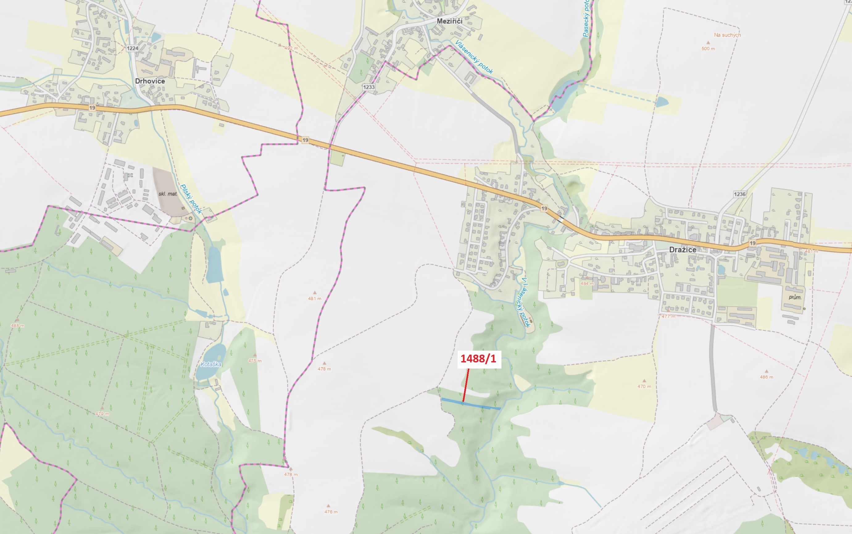 Lesní pozemek o výměře 1957 m2, podíl 1/1, katastrální území Dražice u Tábora, obec Dražice, obec s 
