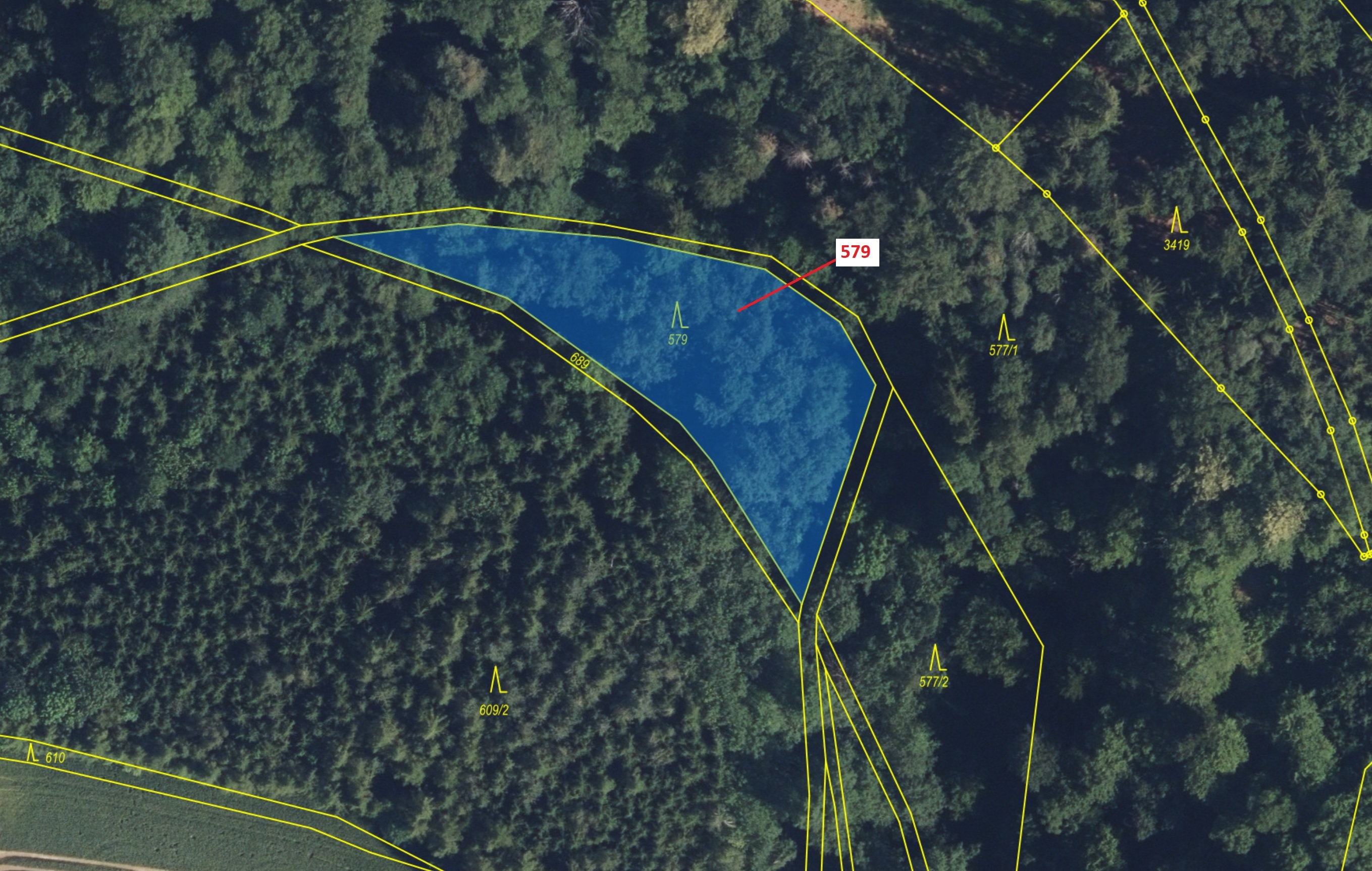 Lesní pozemek o výměře 1712 m2, podíl 1/1, katastrální území Zářecká Lhota, obec Zářecká Lhota, obec