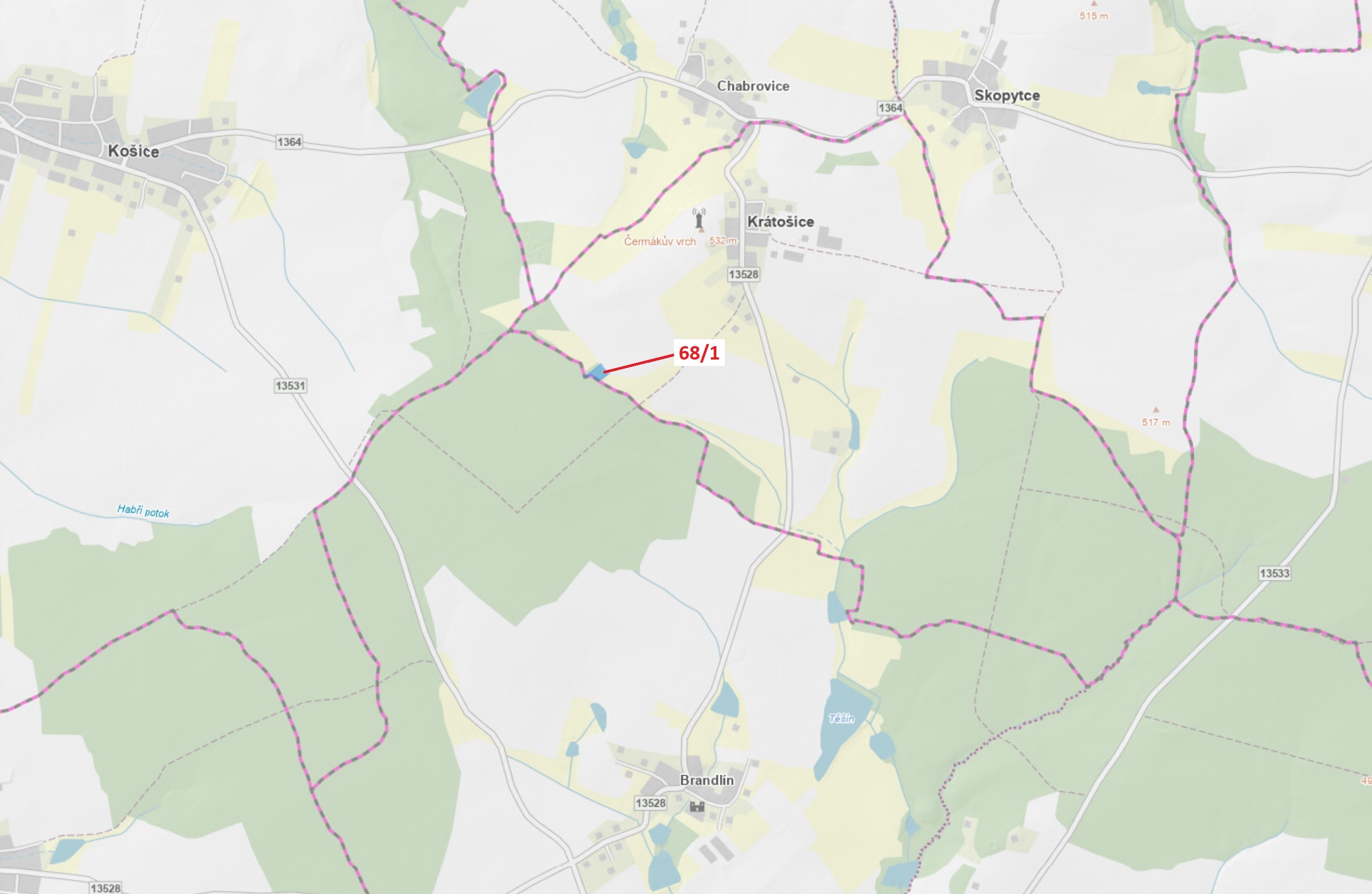 Lesní pozemek o výměře 2849 m2, podíl 1/1, katastrální území Krátošice, obec Krátošice, obec s rozší