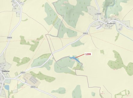 Lesní pozemek o výměře 2275 m2, podíl 1/1, katastrální území Podlešín u Stebna, obec Stebno, obec s 