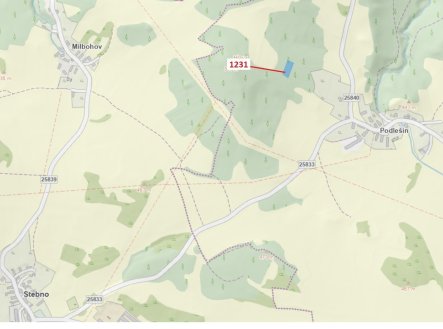 Lesní pozemek o výměře 1462 m2, podíl 1/1, katastrální území Podlešín u Stebna, obec Stebno, obec s 