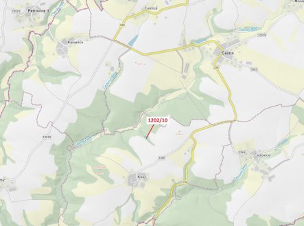 Lesní pozemek o výměře 557 m2, podíl 1/1, katastrální území Kněž u Čestína, obec Čestín, obec s rozš
