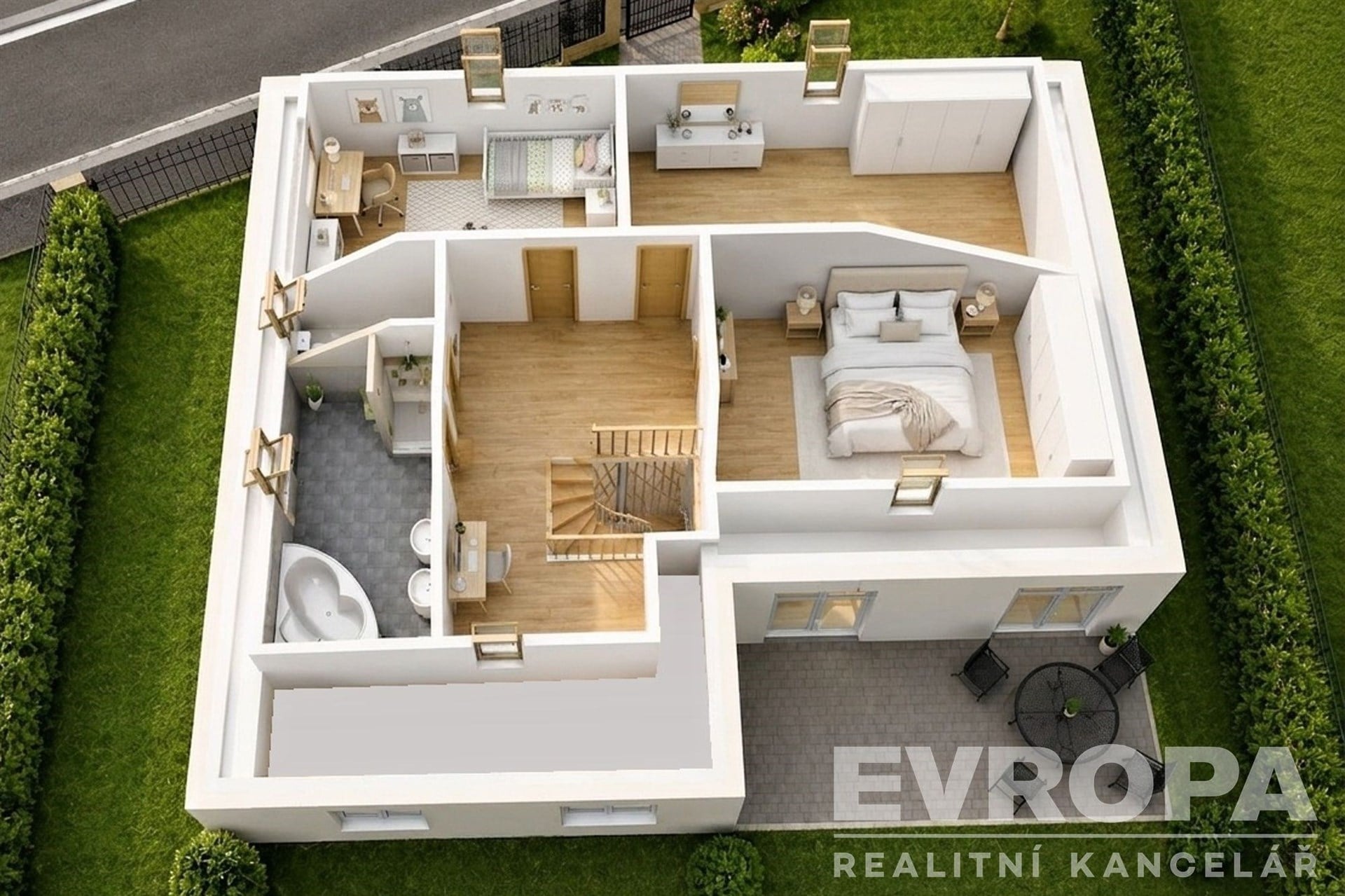 Půdorys patra domu s prostornou ložnicí, parketovou podlahou, moderní koupelnou s dlažbou, světlým obývacím prostorem a venkovní terasou.