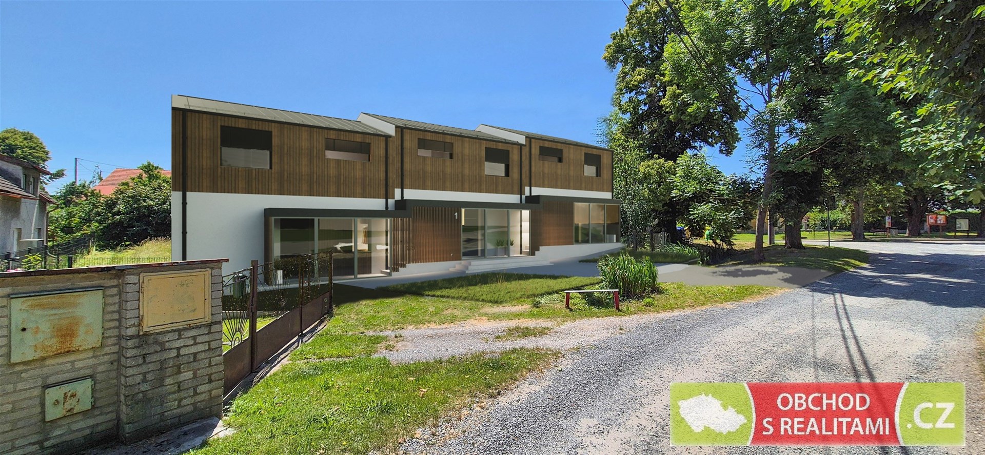 Řadový dům se dřevěným obkladem, moderní design, velká okna a terasa, nachází se v klidné ulici s okolní zelení.