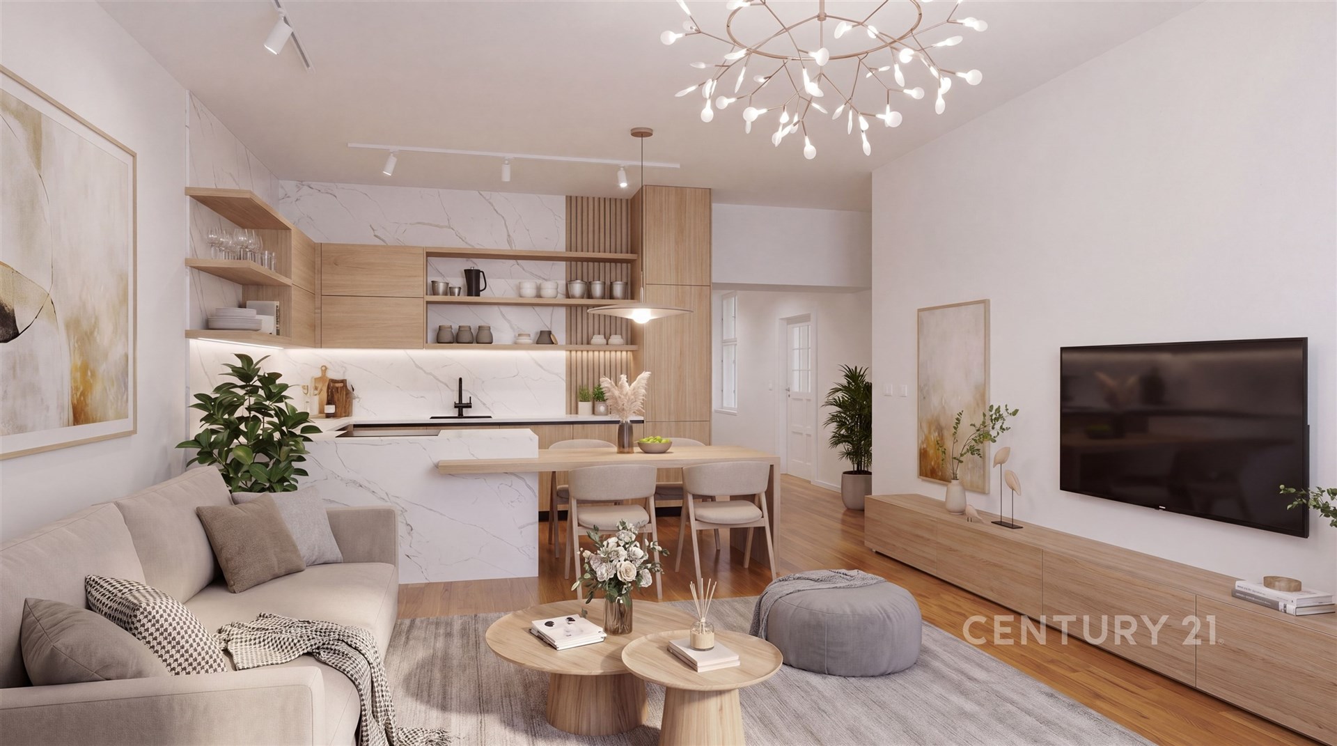 Moderní obývací pokoj s parketovou podlahou, vestavěnými skříněmi a světlým dekorativním osvětlením, propojený s elegantní kuchyní.