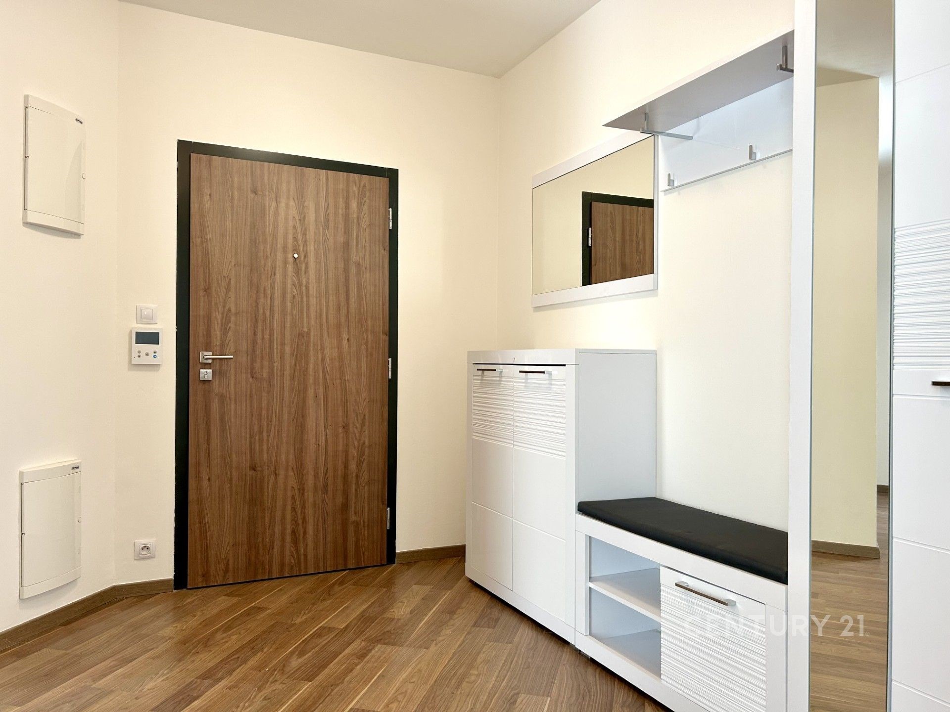 Vstupní hala s parketovou podlahou, moderní vestavěný nábytek a velkým zrcadlem, světlé neutrální stěny pro elegantní vzhled.
