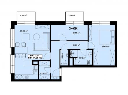 Prodej bytu, 3+kk, 74 m²