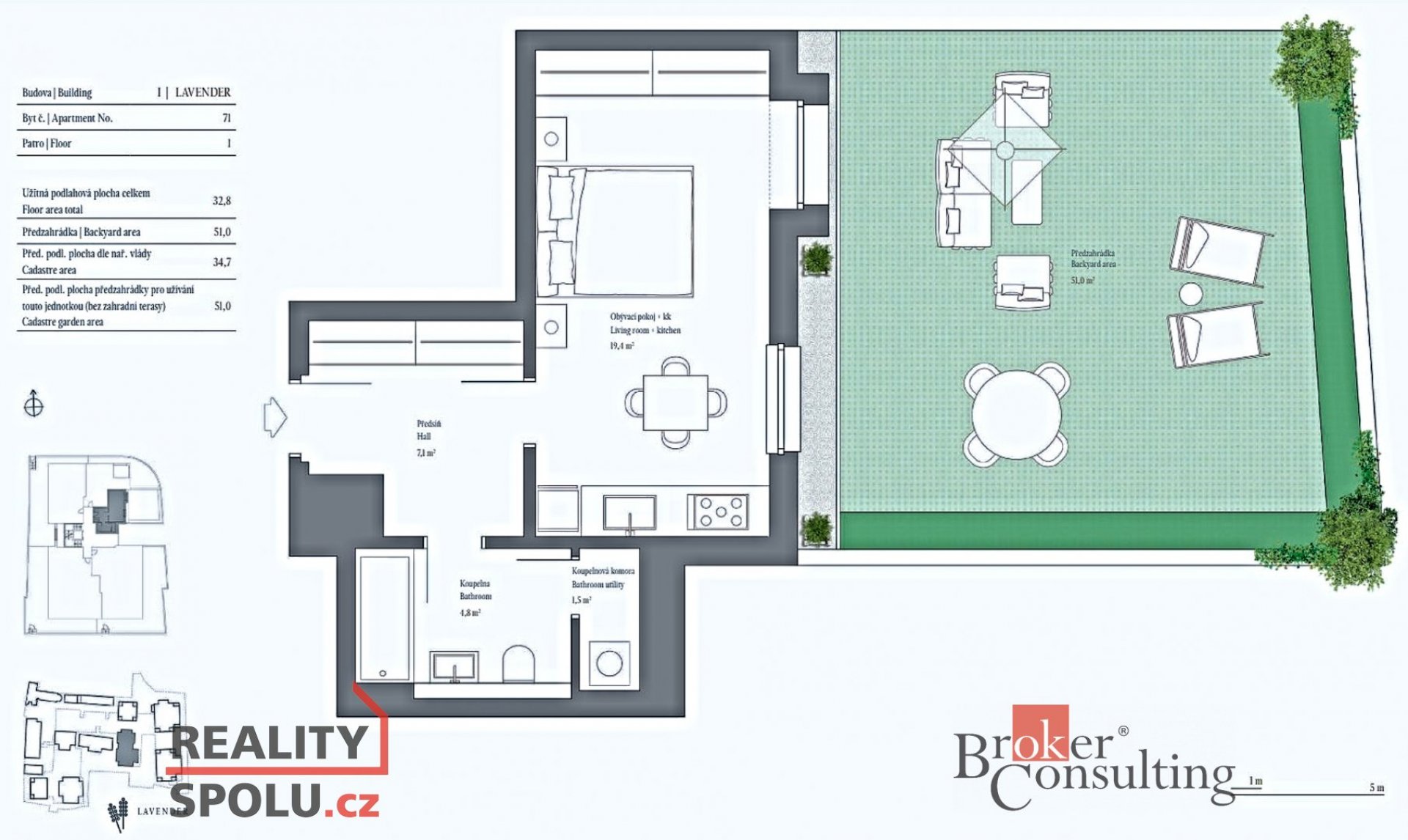 Prodej bytu v Rezidenci Chateau Troja, 1kk 35 m2 + zahrada 51 m2, garážové stání, sklep/sklad 6,6 m2