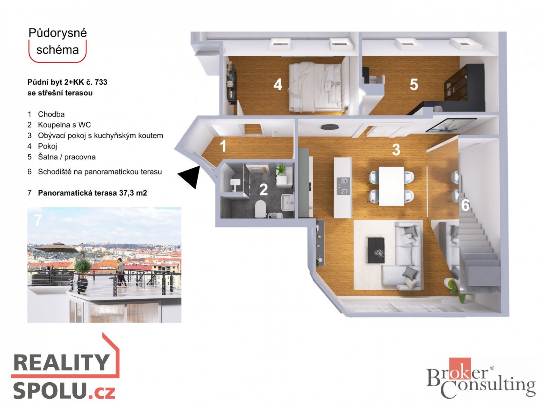 Byt 3+kk s panoramatickou střešní terasou