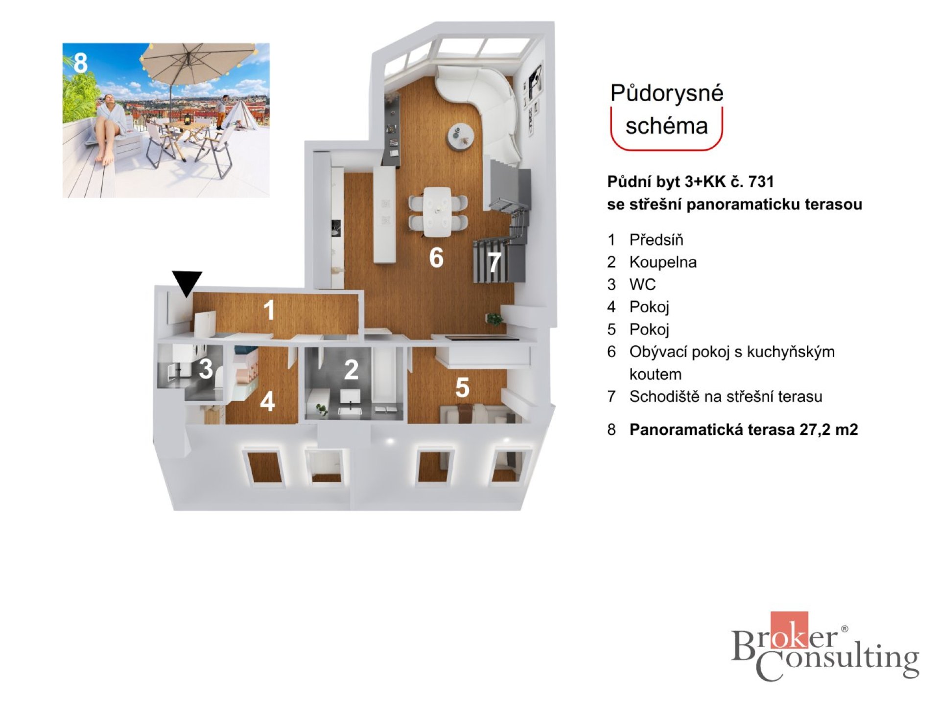 Půdní byt 4+kk s panoramatickou střešní terasou