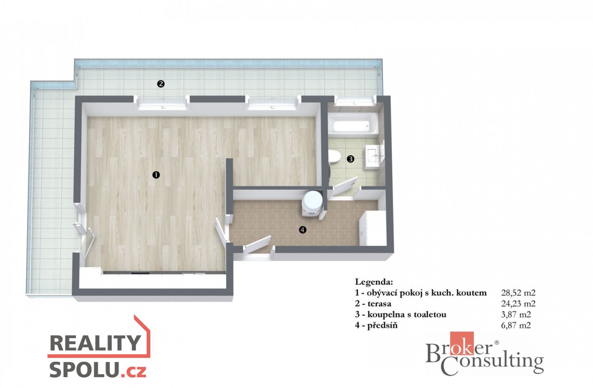 Pronájem bytu 1kk/T, 42,5 m2 v novostavbě, garáž, Vila Rokoska, Praha 8