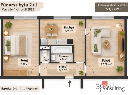 Prodej bytu, 2+1, 52 m²