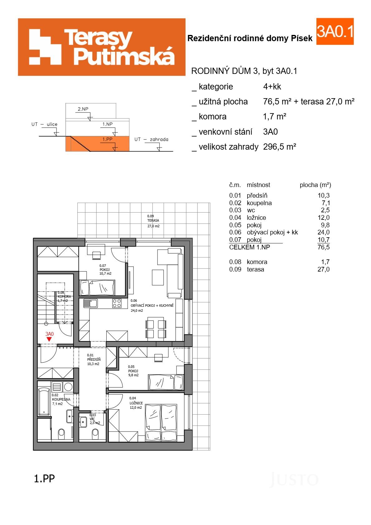 Prodej 4+kk 76 m² + zahrada 296 m² + terasa 27 m² + parkování