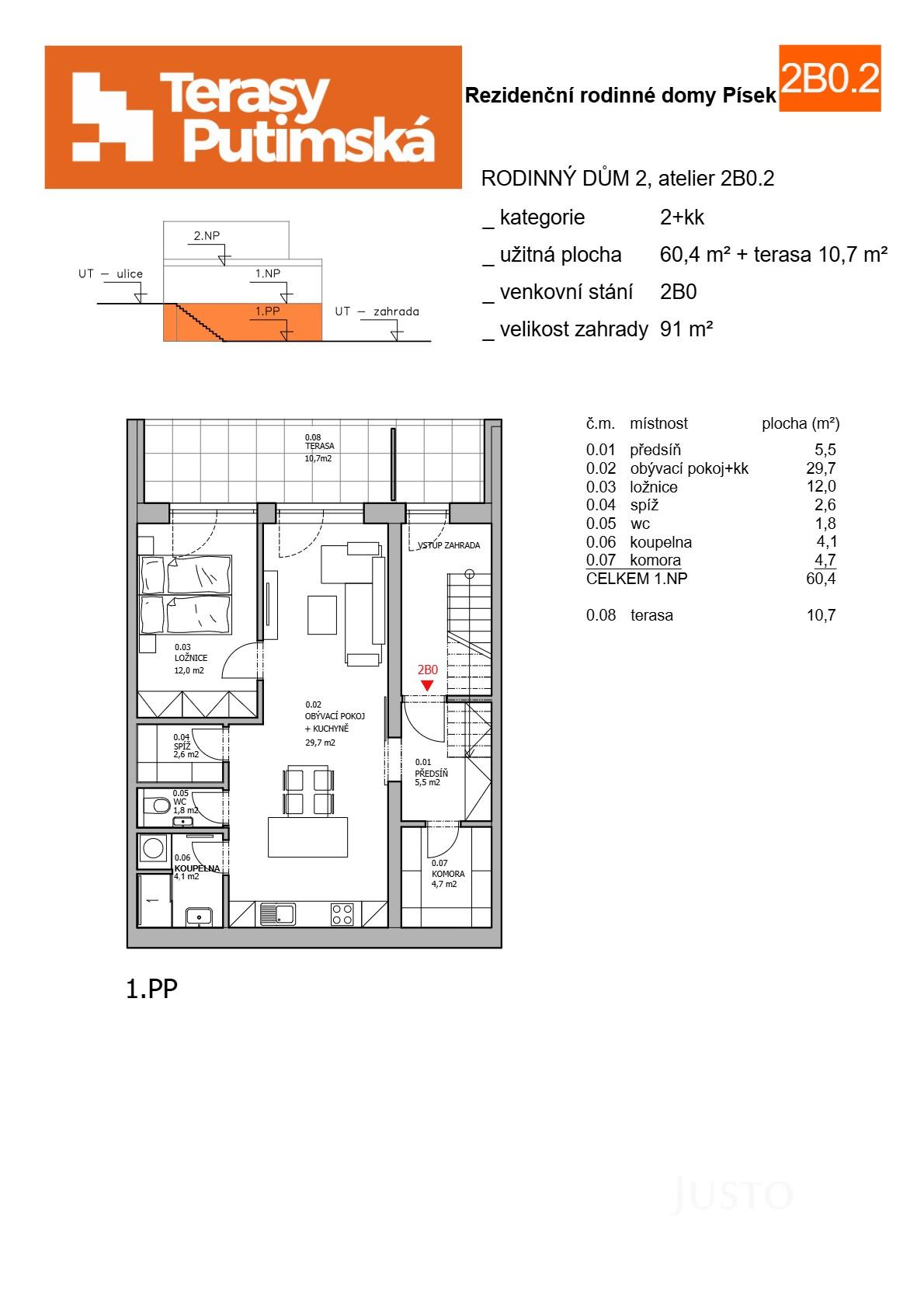 Prodej 2+kk 60 m² + zahrádka 91 m² + terasa 10 m² + parkování