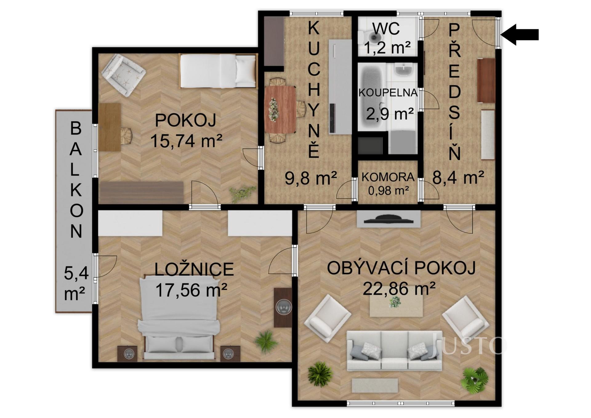 Prodej 3+1, 80 m² + balkón 5 m² + parkování