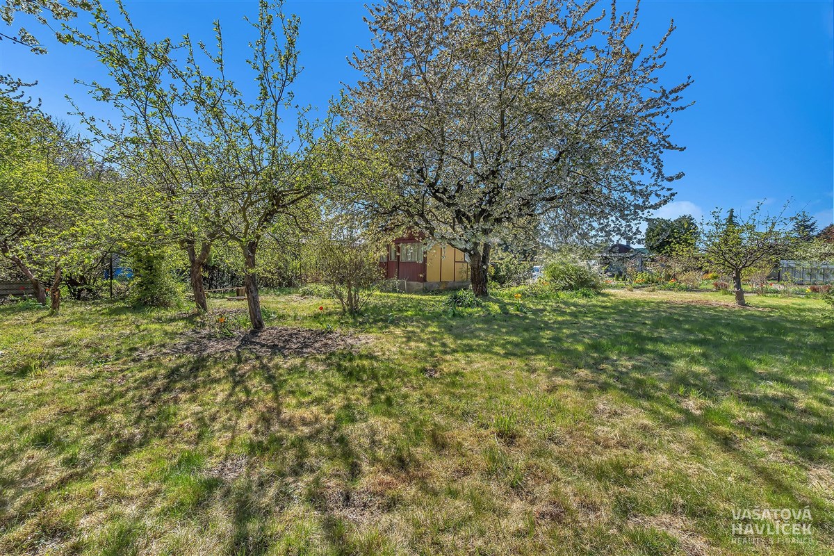 Zahrada s udržovaným trávníkem a ovocnými stromy, ideální pro milovníky přírody a venkovního prostoru, klidné prostředí s možností relaxace