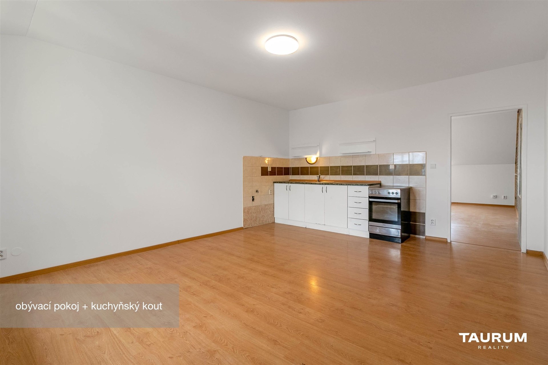 Světlý obývací pokoj s kuchyňským koutem, laminátová podlaha, moderní design, vestavěné spotřebiče, prostorný a otevřený interiér