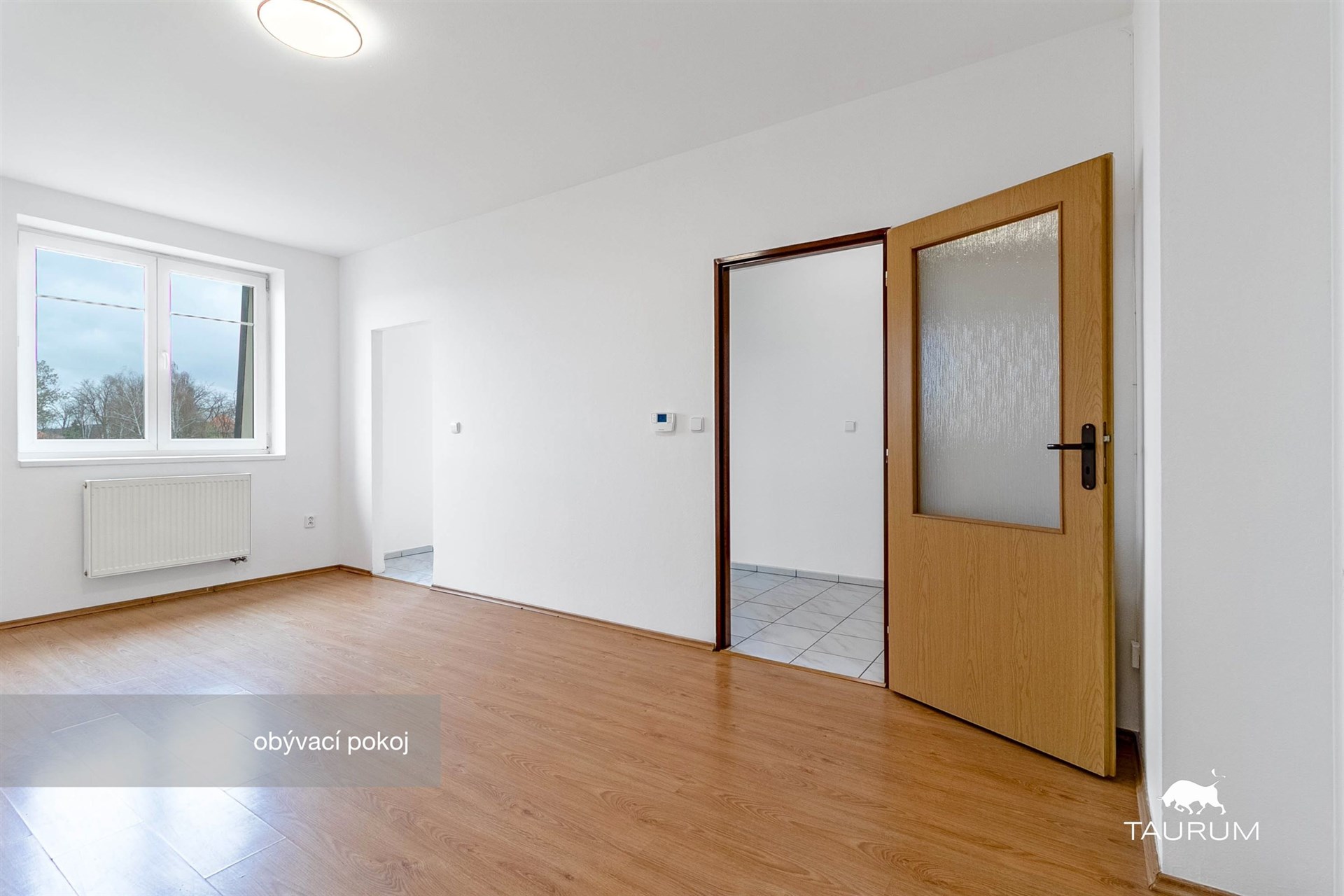 Světlý obývací pokoj s parketovou podlahou, velká okna poskytují dostatek přirozeného světla, moderní stavba bílých stěn.