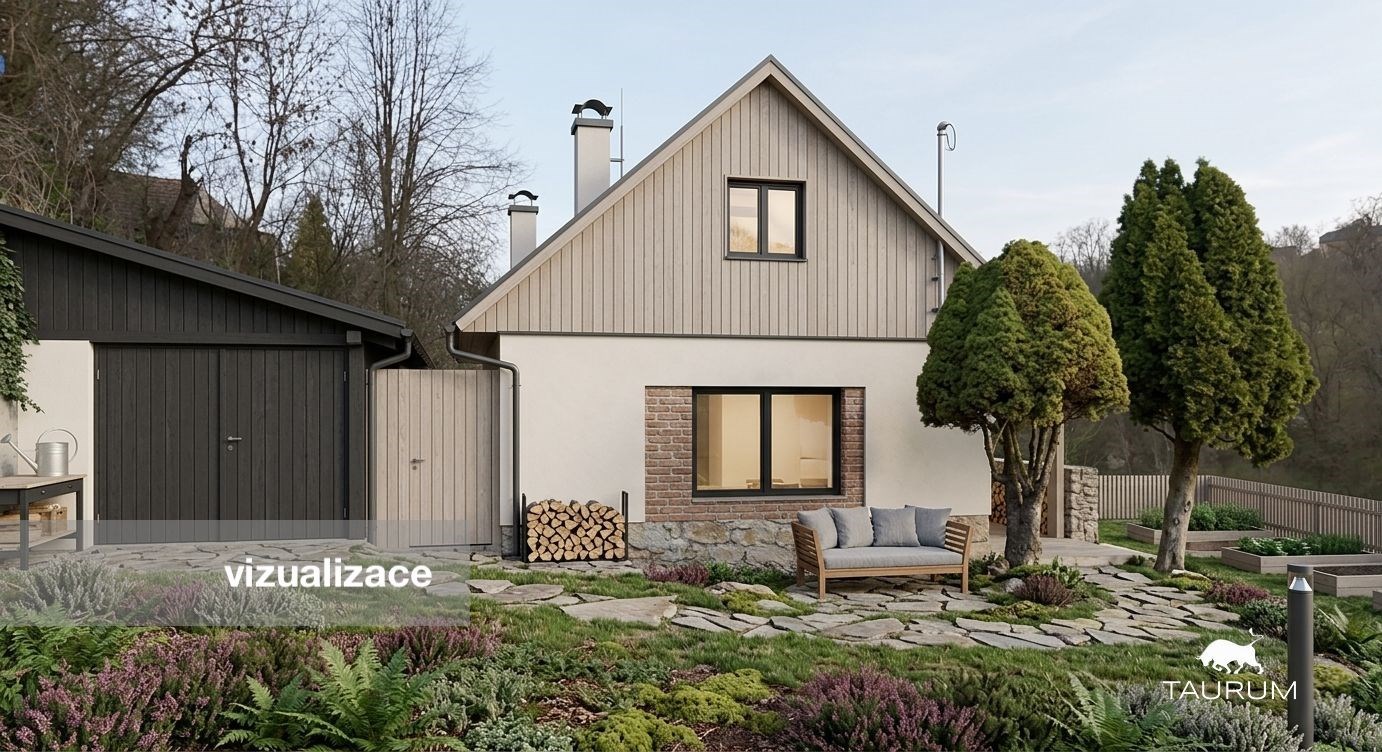 Rodinný dům s dřevěnou fasádou, velkými okny a udržovanou zahradou. Rekonstruovaná střecha a cihlové detaily v klidné lokalitě.