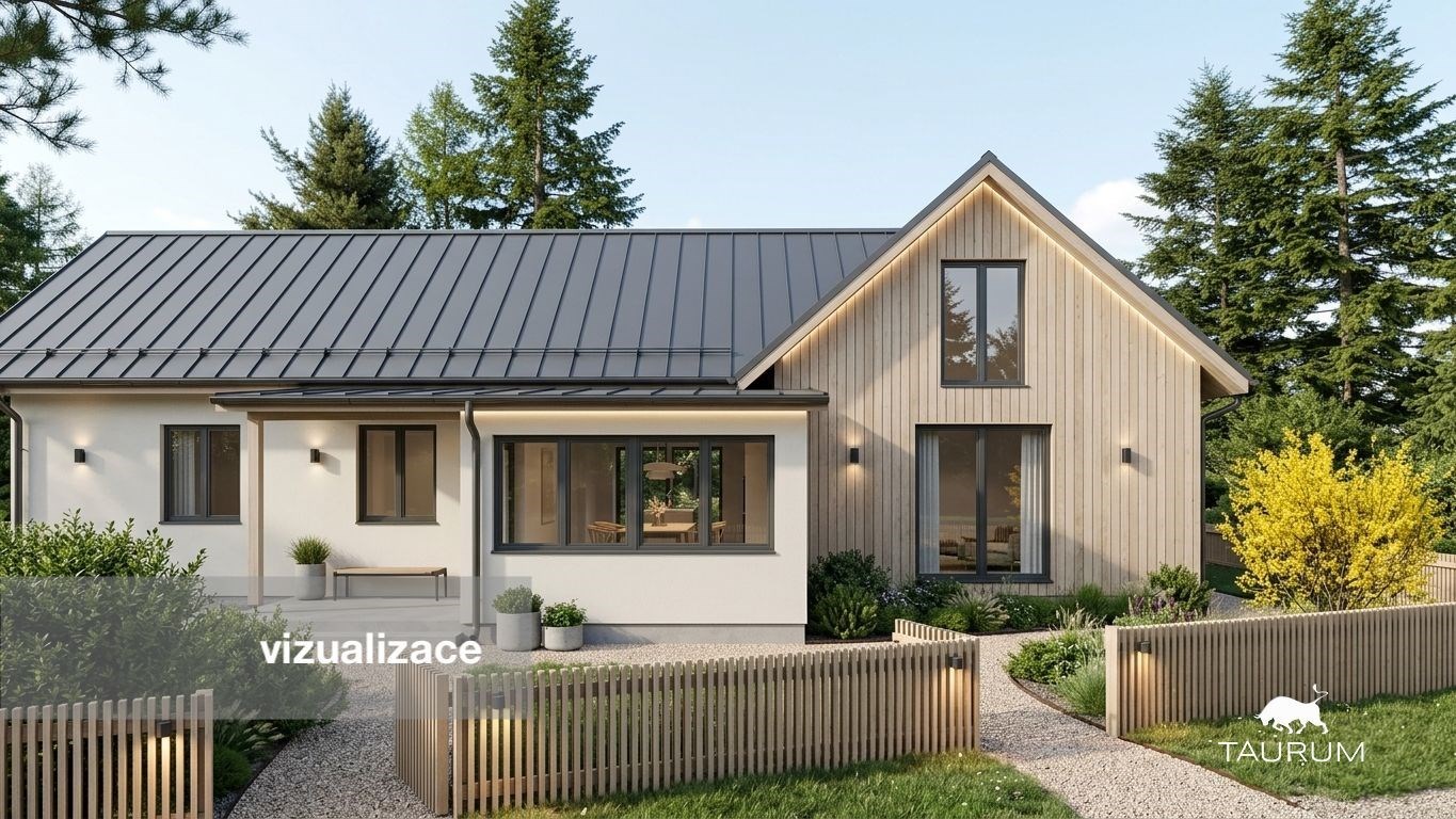 Moderní rodinný dům s dřevěnou fasádou a plechovou střechou, obklopený zahradou s cestičkou a udržovanou zelení, světlá a stylová architektura.
