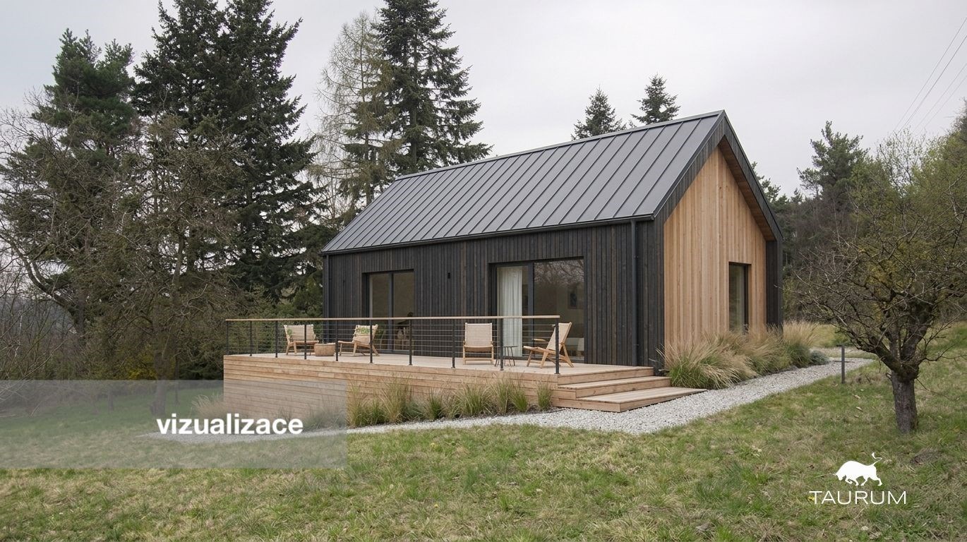 Dřevěná chata s moderním designem, terasa s dřevěnou podlahou, obklopena zelení, ideální pro klidné bydlení v přírodě